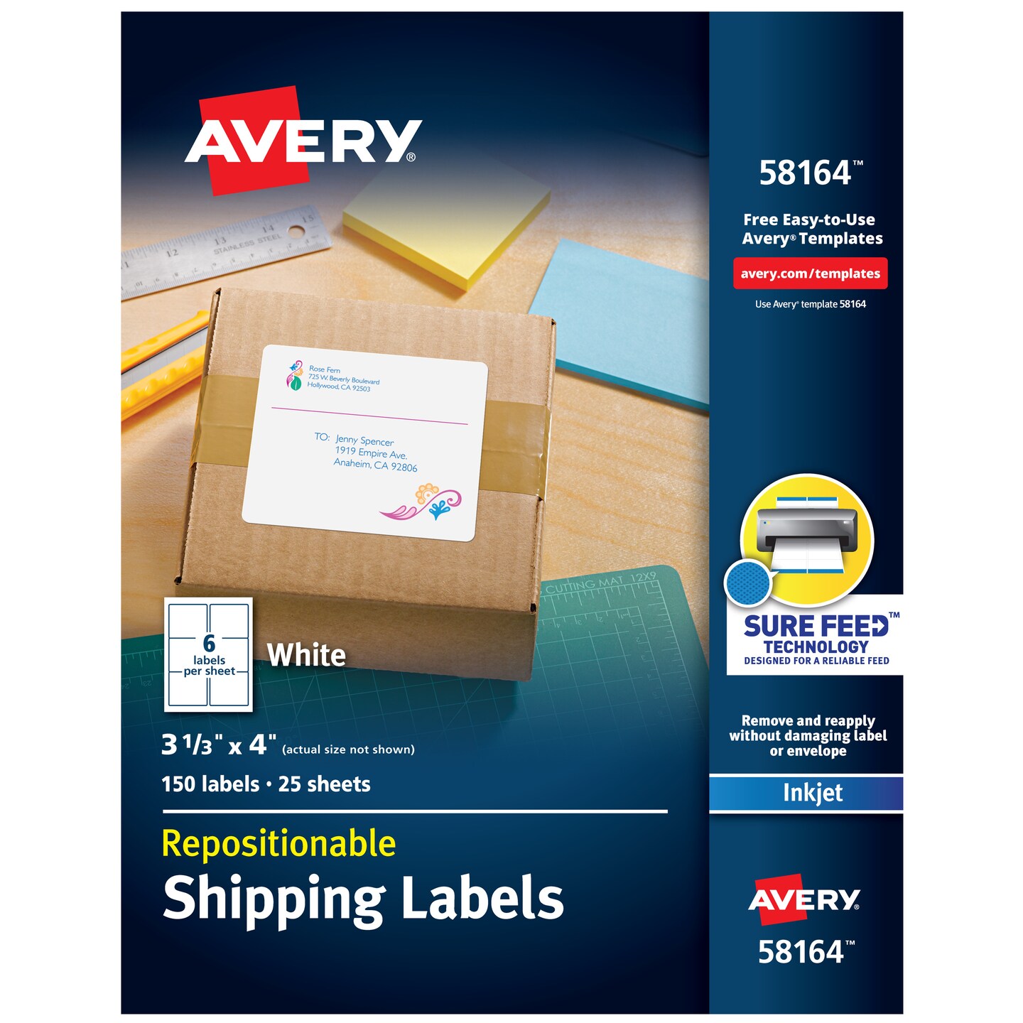 Avery Repositionable Shipping Labels, Sure Feed Technology, Repositionable Adhesive, 3-1/3&#x22; x 4&#x22;, 150 Labels (58164)