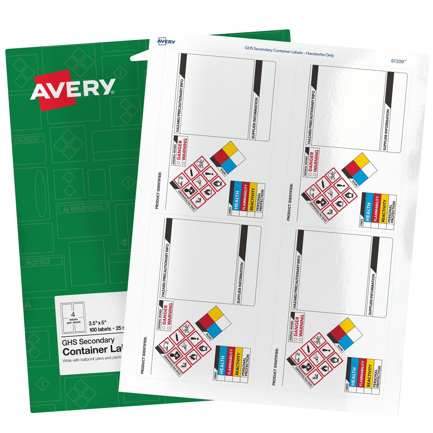 Avery GHS Secondary Container Labels, Pre-Printed, Handwrite Only, 3.5" x 5", 100 Labels (61209)