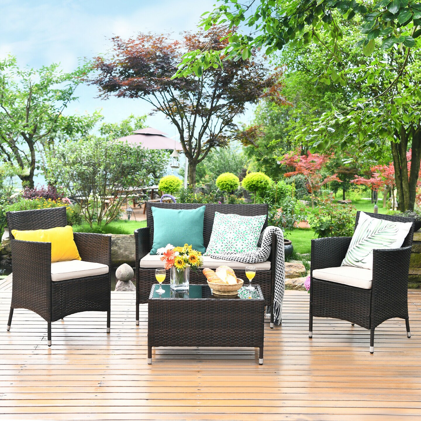 Costway 8PCS Rattan Patio Furniture Set Cushioned Sofa Chair Coffee Table Red\Brown\Turquoise