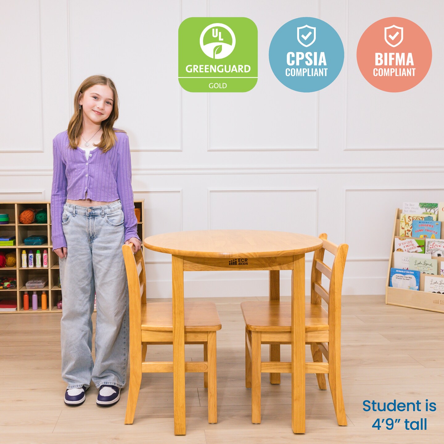 30in D Round Hardwood Table with 28in Legs and Two 16in Chairs, Kids Furniture