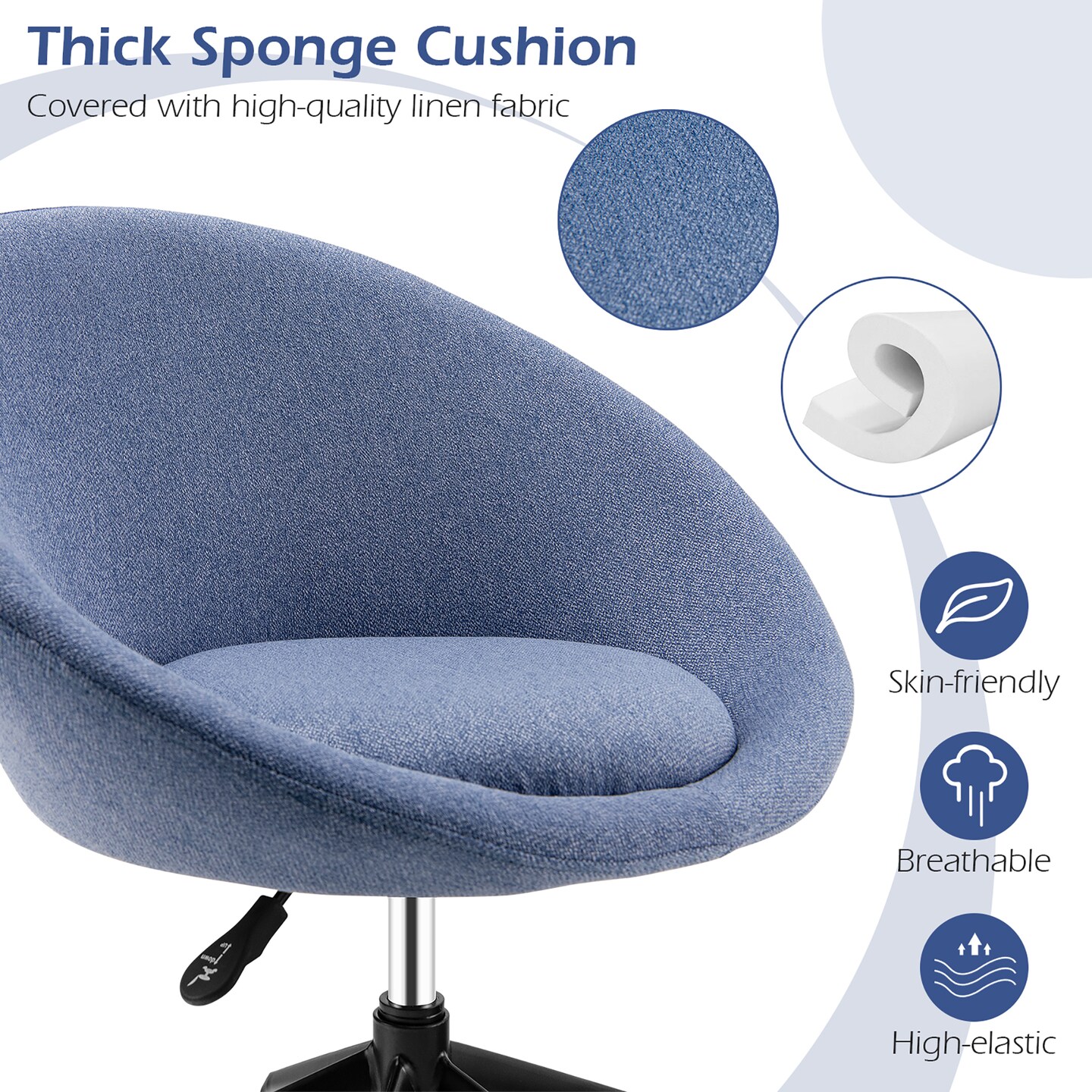 Costway Adjustable Swivel Accent Chair Linen Office Chair Round Back Vanity Chair Grey\Blue\Green