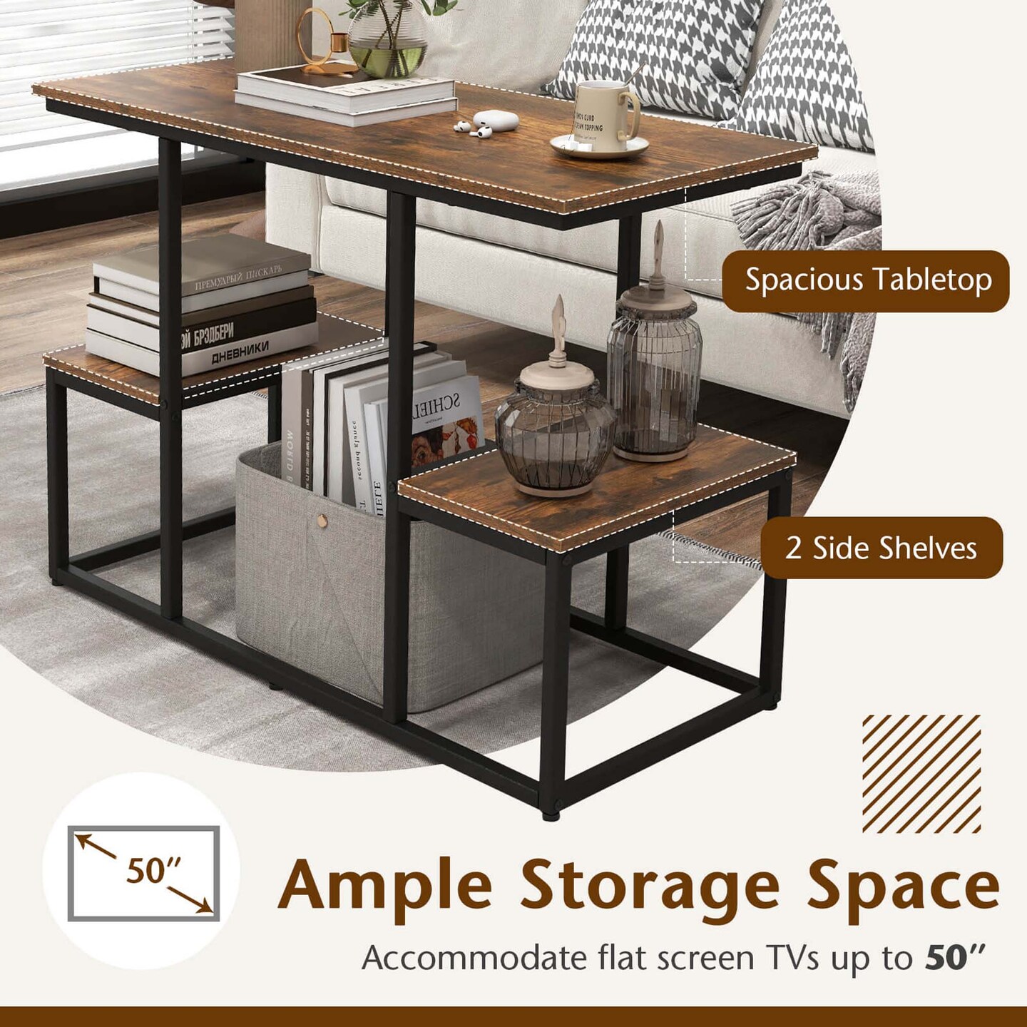 Costway Rustic TV Console Table for 50&#x22; TVs Industrial Sofa Table with Open Storage Shelves Rustic Brown