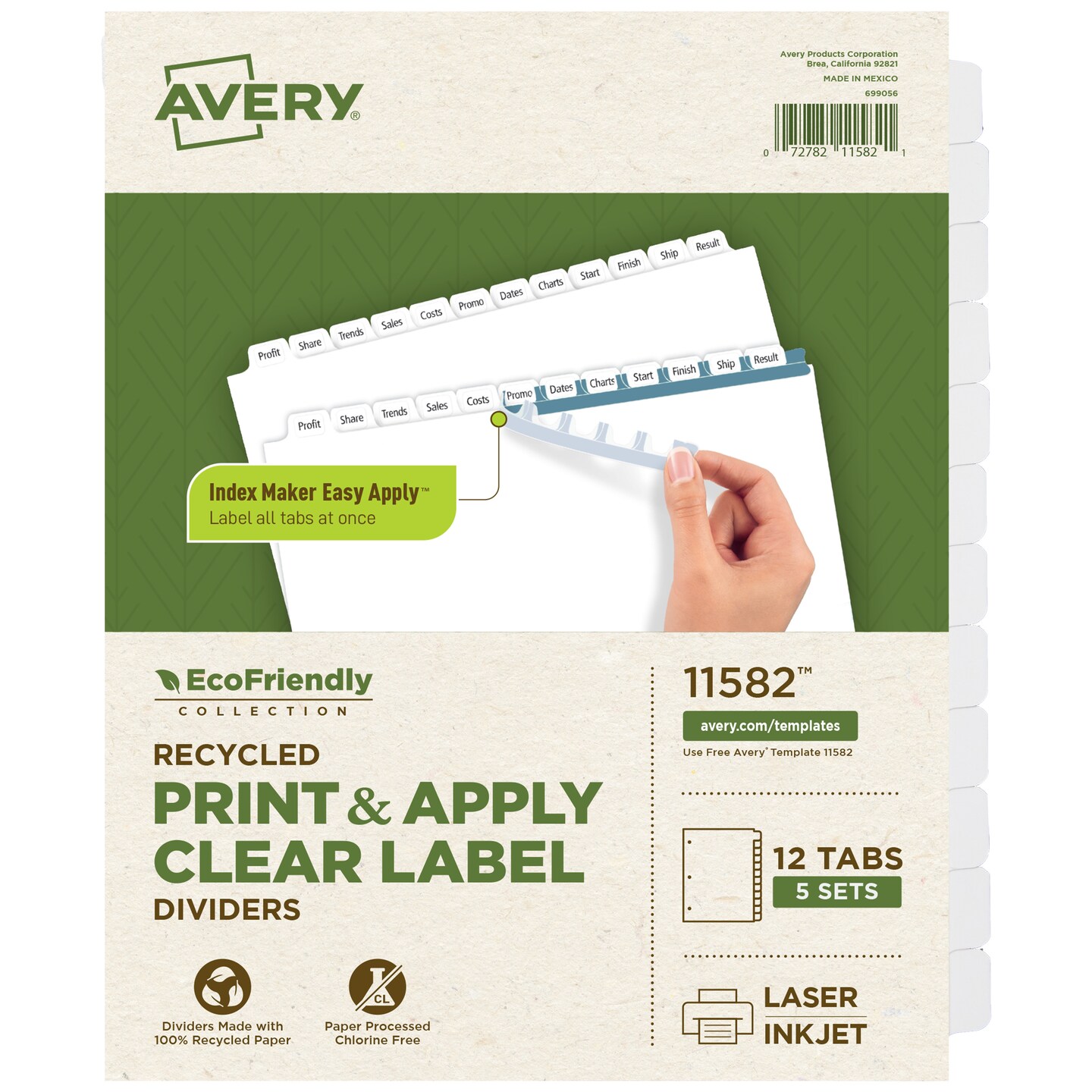 Avery EcoFriendly Recycled Dividers for 3 Ring Binders, 12-Tab, White Tabs, Index Maker Print and Apply Clear Label Strip, 5 Sets for 60 Binder Dividers Total (11582)