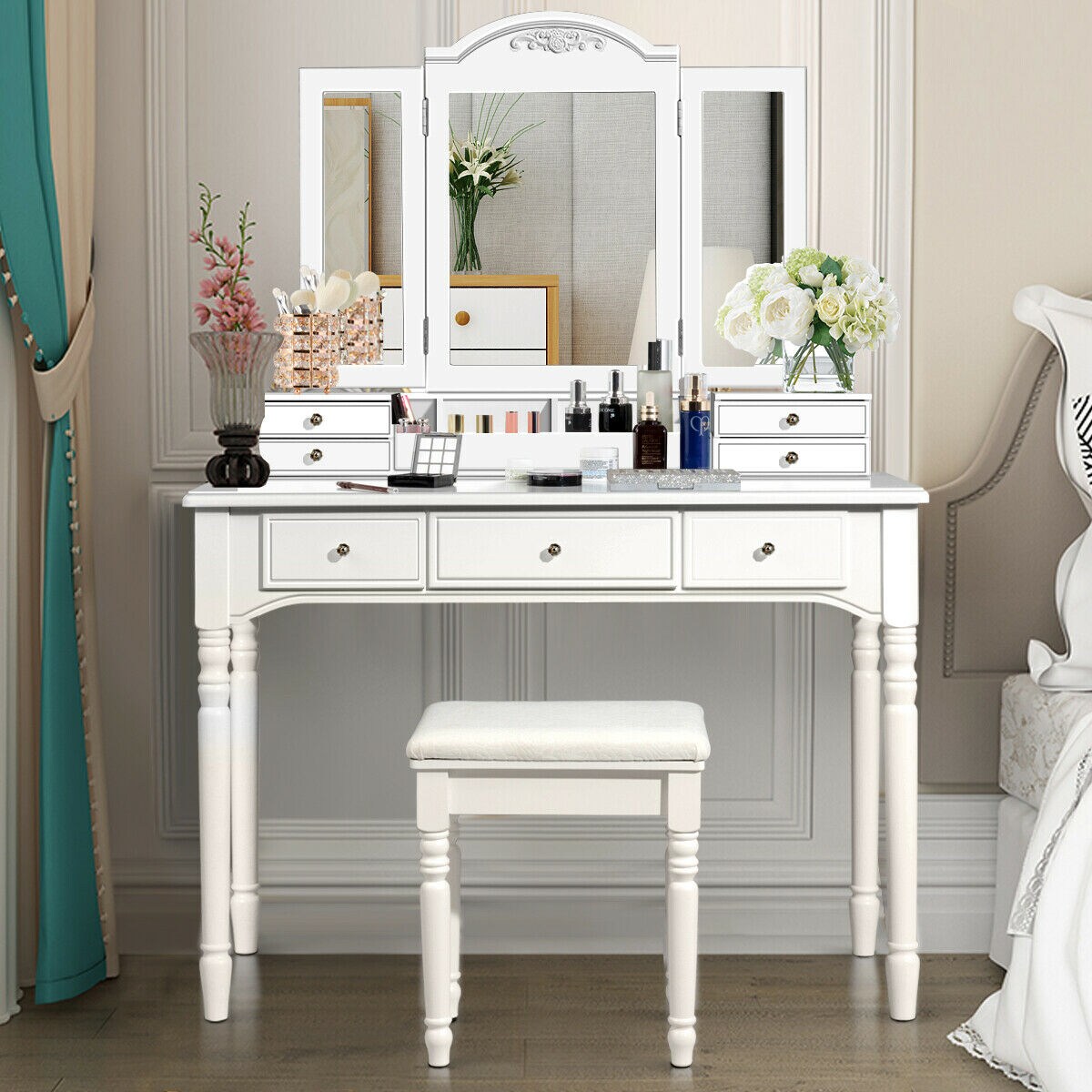 7 Drawers Vanity Set Dressing Table W/ Tri-Folding Mirror White