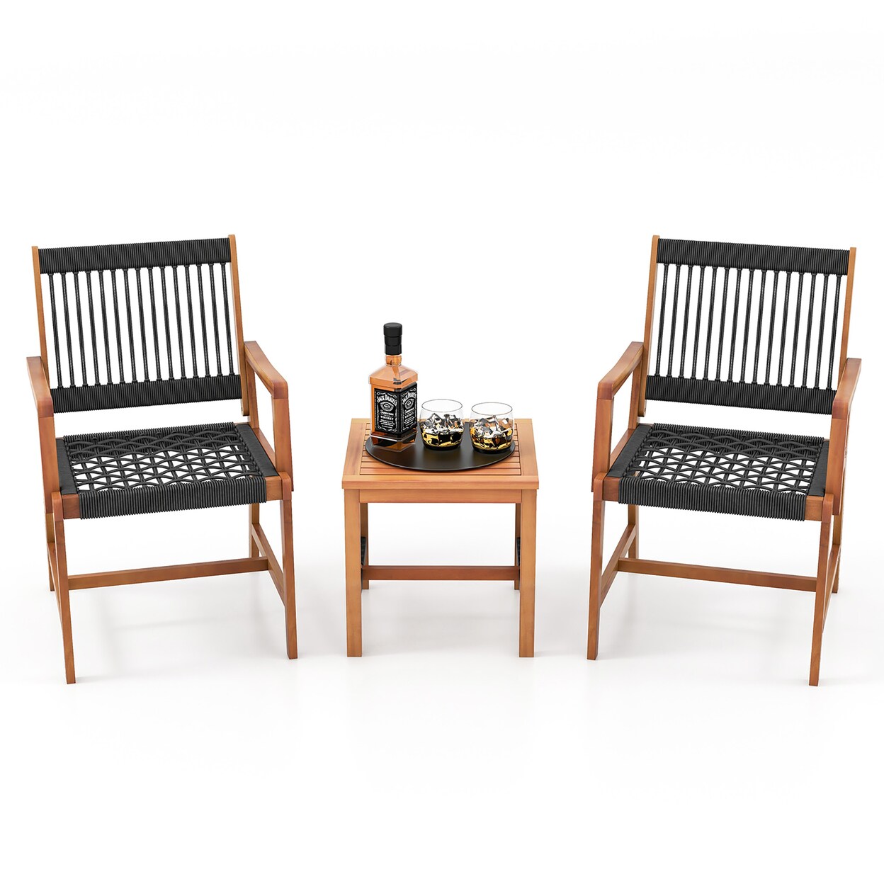 3 Pcs Solid Acacia Wood Patio Set All-Weather Rope Woven Chair Garden Poolside