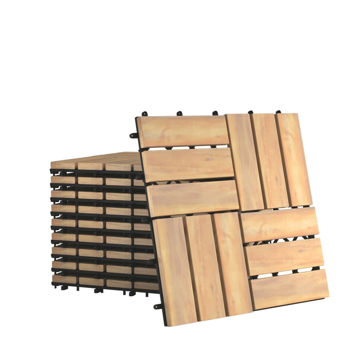 Gymax 10PCS 12 x 12 Acacia Wood Deck Tiles Interlocking Patio Pavers Check Pattern
