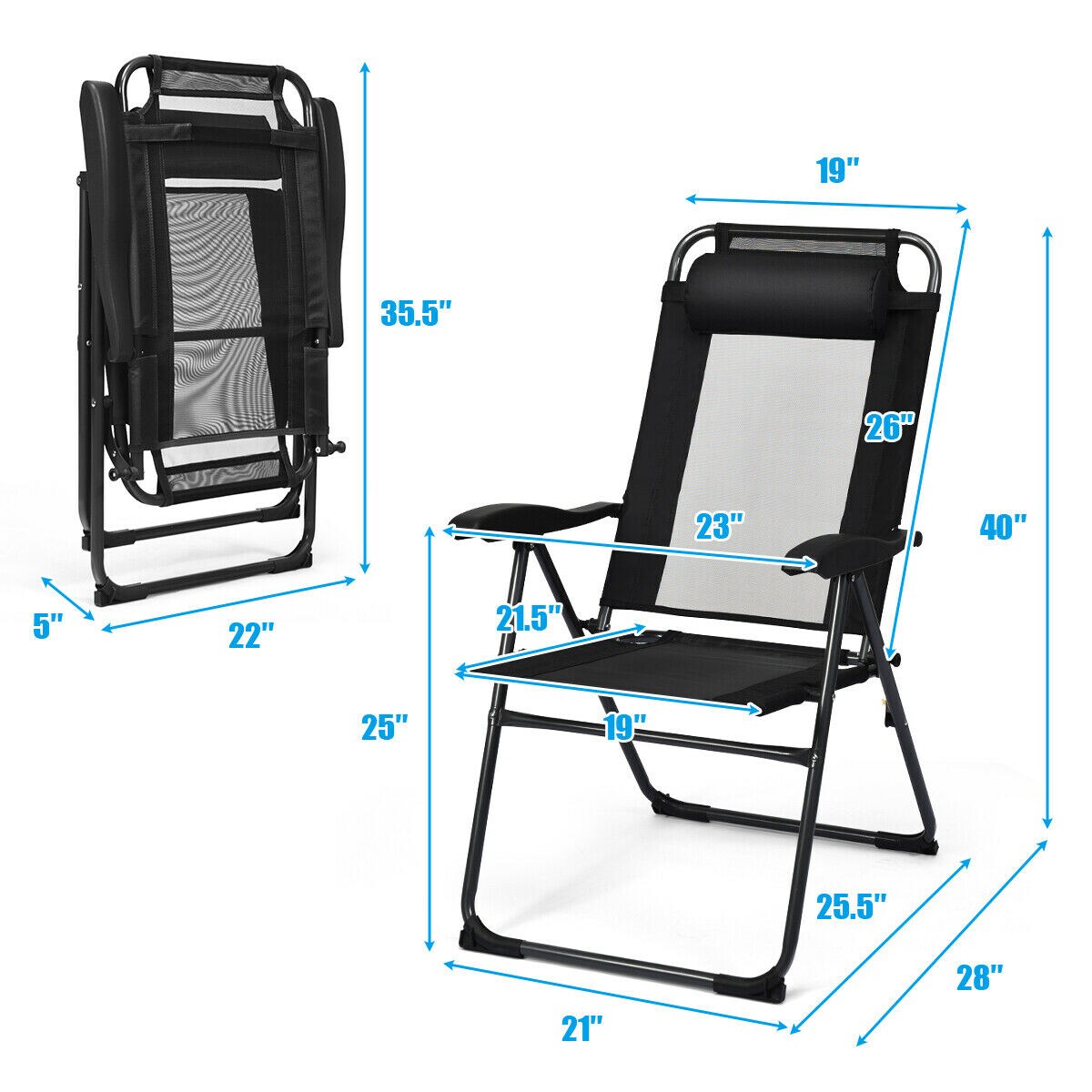 2Pc Folding Chairs Adjustable Reclining Chairs With Headrest Patio Garden Black