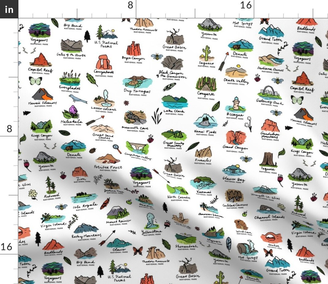 White Trip Travel Mountains Adventure Vacation Green Blue Orange Animals Park Custom Printed Fabric by Spoonflower Various Fabrics by the Yard or Fat Quarter