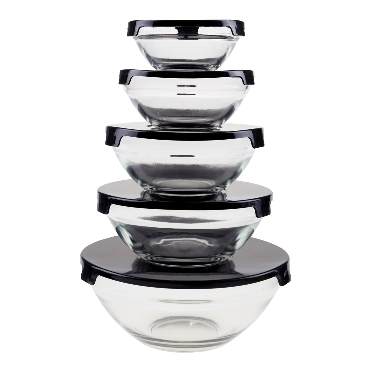 Glass Bowl Set 10 Pieces Nesting Storage Bowls With Black Lids Dishwasher Safe