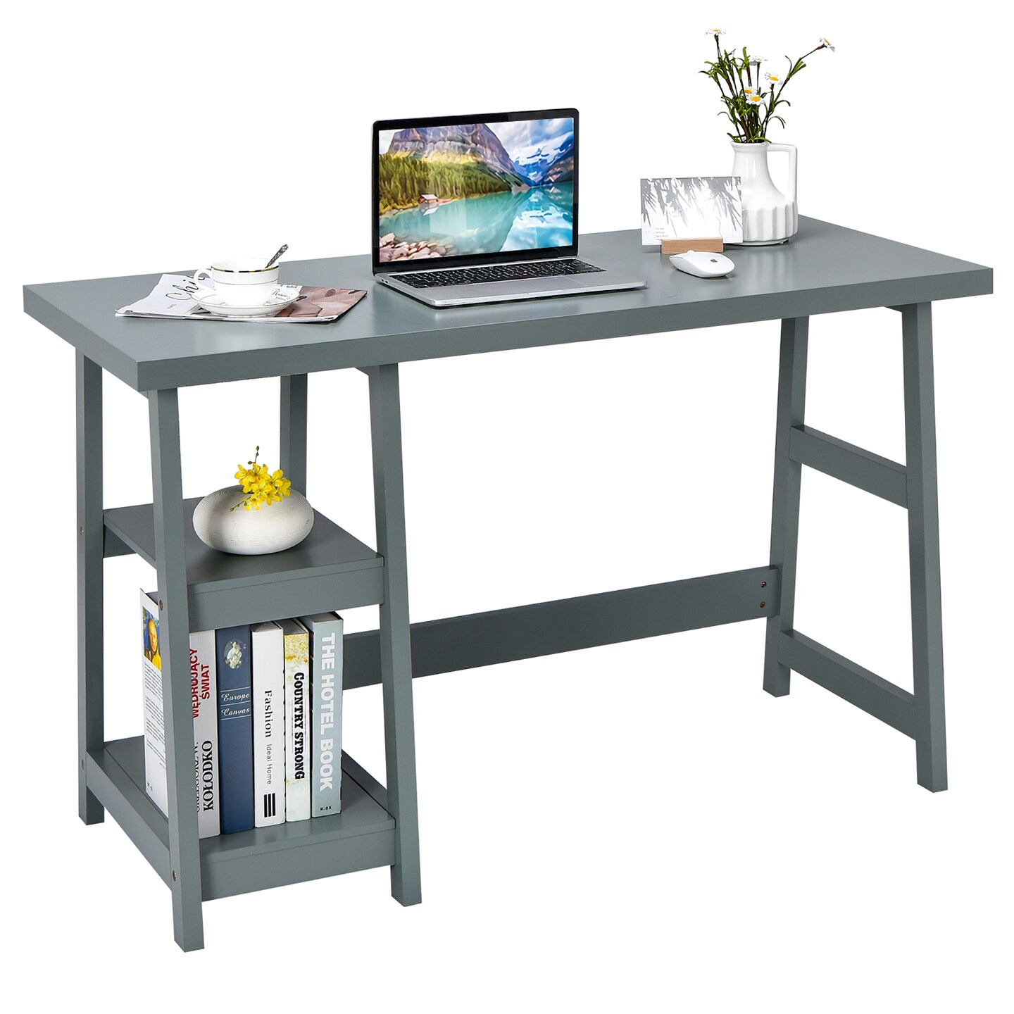 Costway Trestle Computer Desk Home Office Workstation w/Removable Shelves Vintage BlueWhite