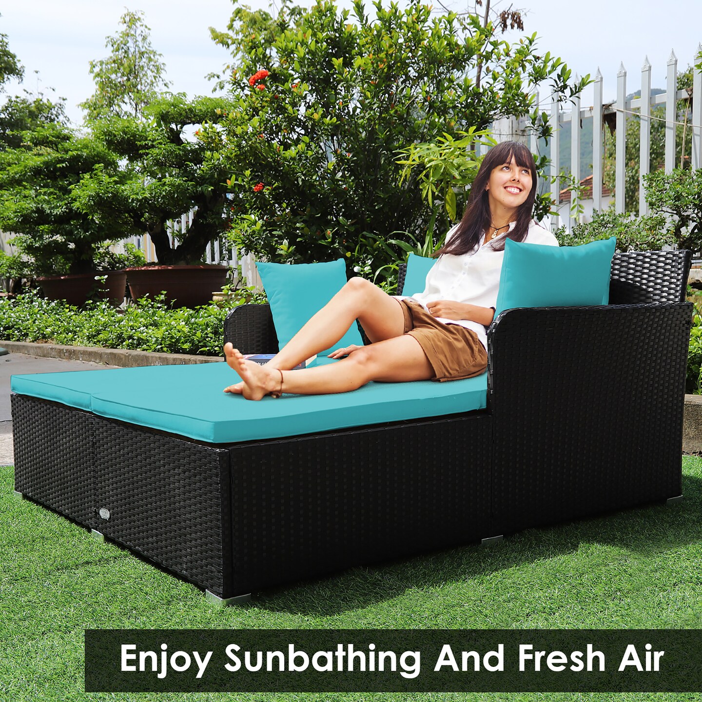 Costway Outdoor Patio Rattan Daybed Pillows Cushioned Sofa Furniture Beige/Turquoise/Red/Black