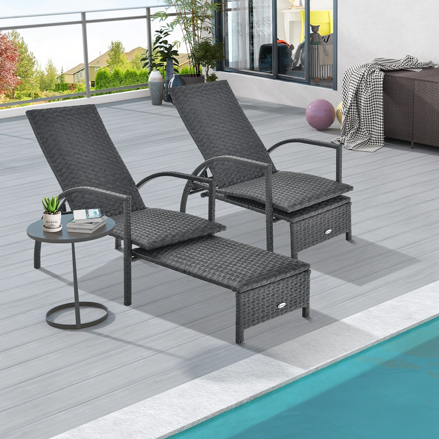 Costway Patio Wicker Elastic Sponge Lounge Chair Back Adjustable with Retractable Ottoman