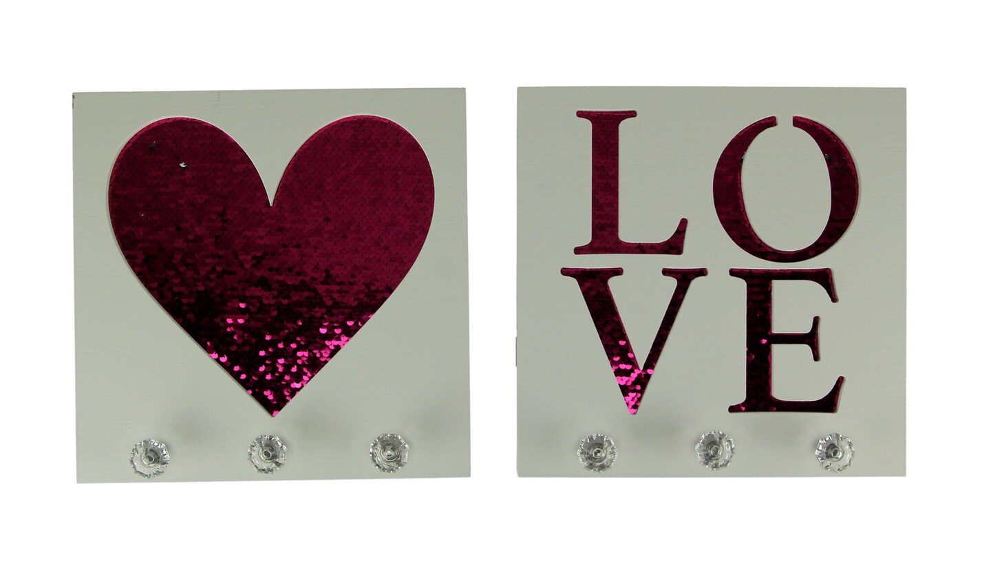 White Wood Pink Sequins Heart and Love Wall Hook Plaques 2 Piece Set