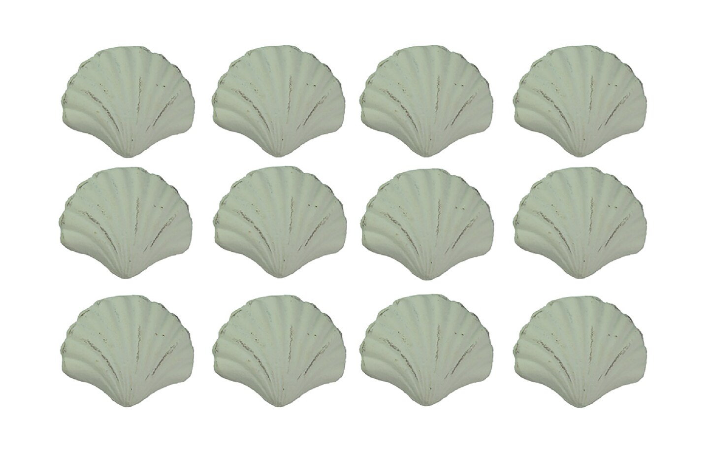 Set of 12 Distressed Finish Coastal White Cast Iron Scallop Shell Drawer Pulls
