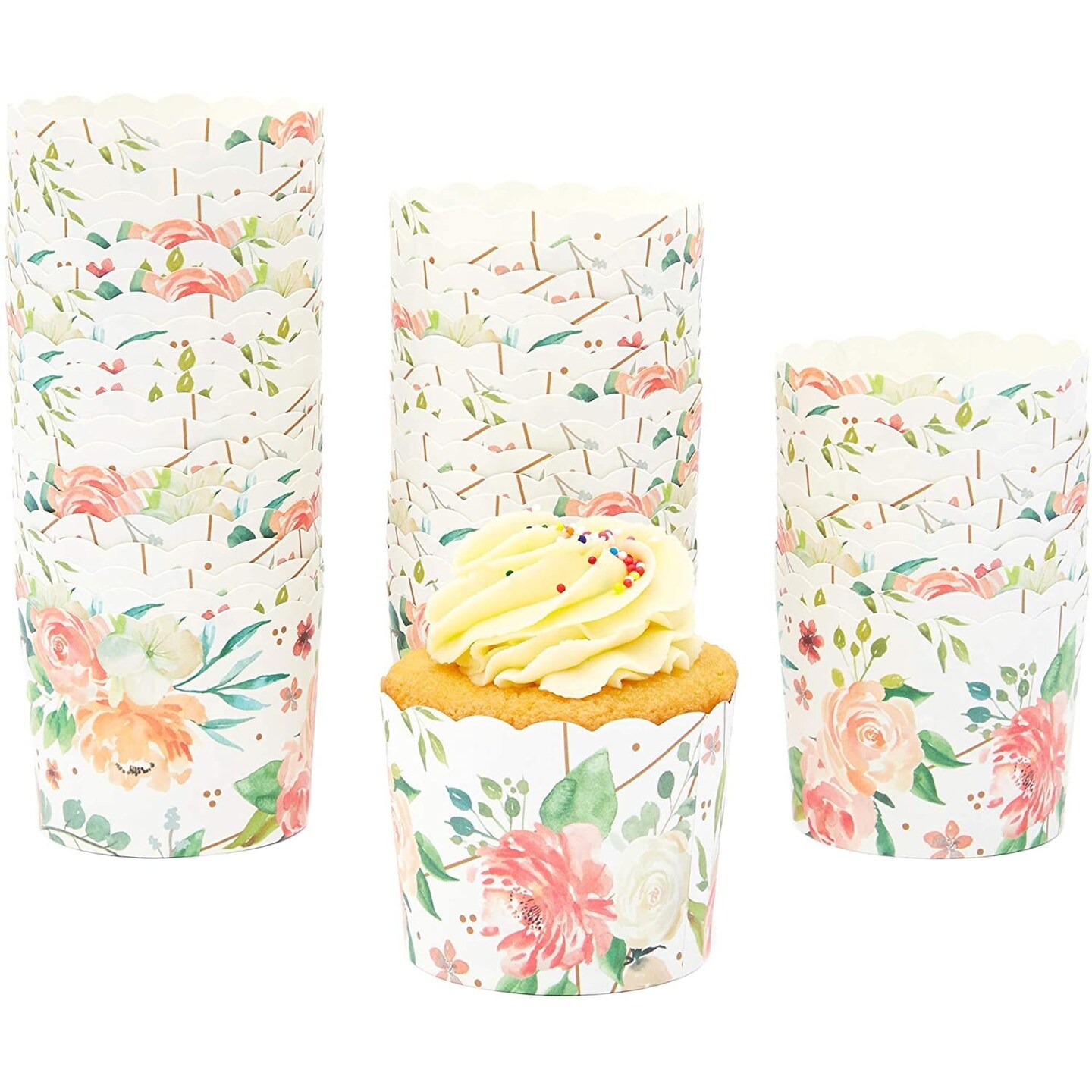 50 Pack Floral Cupcake Wrappers for Wedding, Watercolor Flower Paper Baking Cups and Muffin Liners for Garden Tea Parties, Baking Favors, Bridal or Baby Showers- (2.25 x 2.75 In)