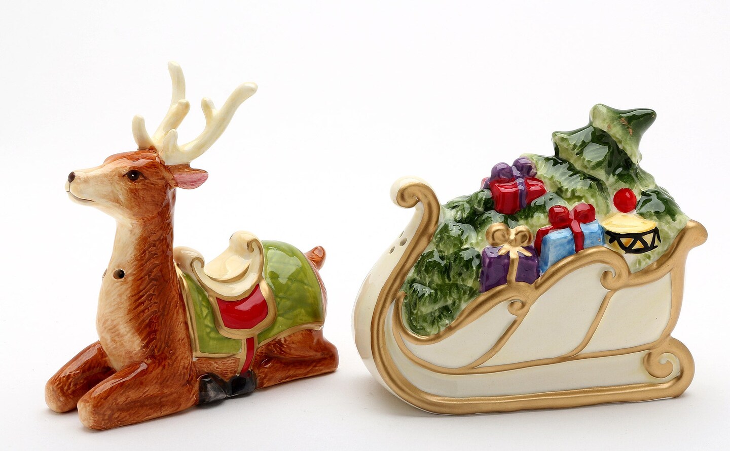Ceramic Christmas Sleigh With Deer Salt &#x26; Pepper Shakers, Home D&#xE9;cor, Gift for Her, Gift for Mom, Kitchen D&#xE9;cor, Christmas D&#xE9;cor