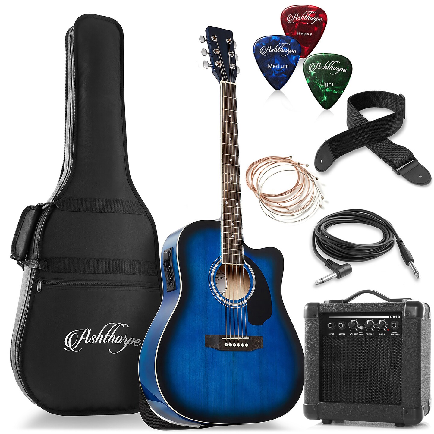 Ashthorpe Full-Size Dreadnought Cutaway Acoustic Electric Guitar Package with 10 Watt Amp