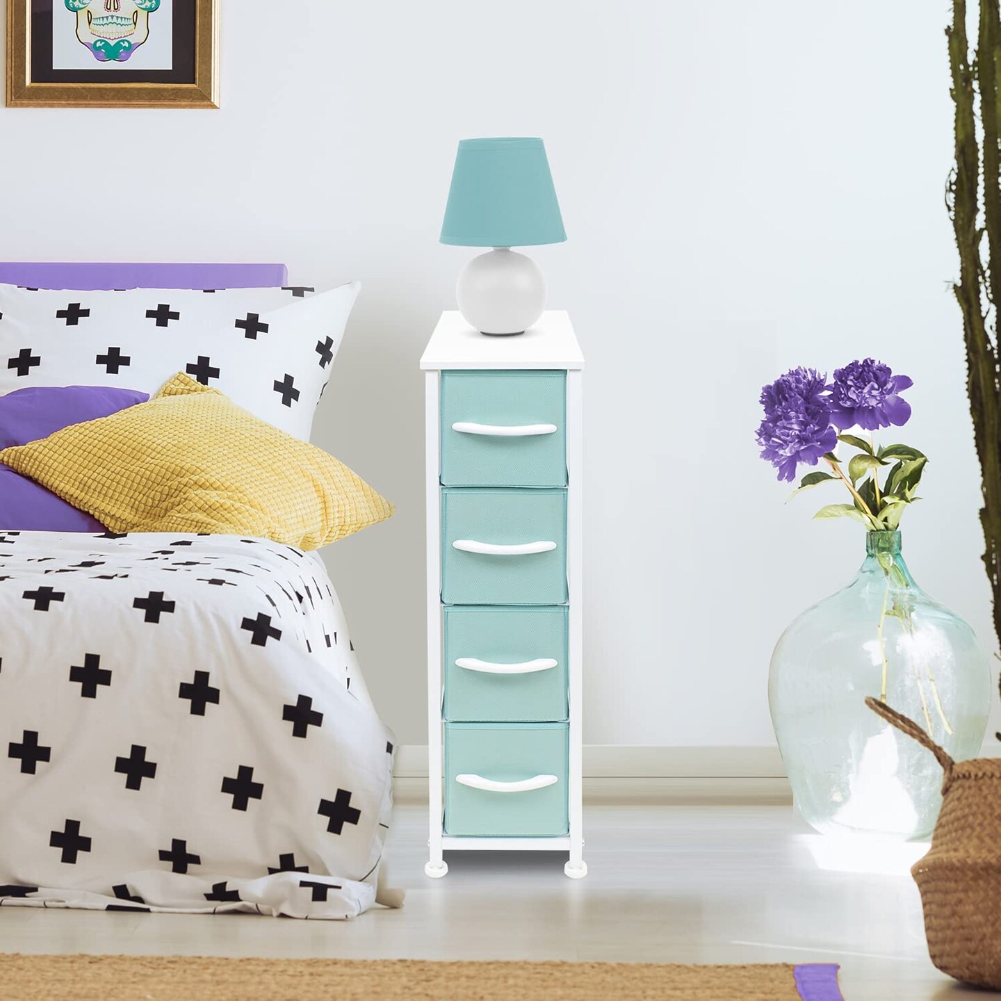 Sorbus 4 Drawers Narrow Dresser - with Steel Frame, Wood Top & Easy Pull Fabric Bins for Small Spaces, Closets, Bedroom, Bathroom & Laundry