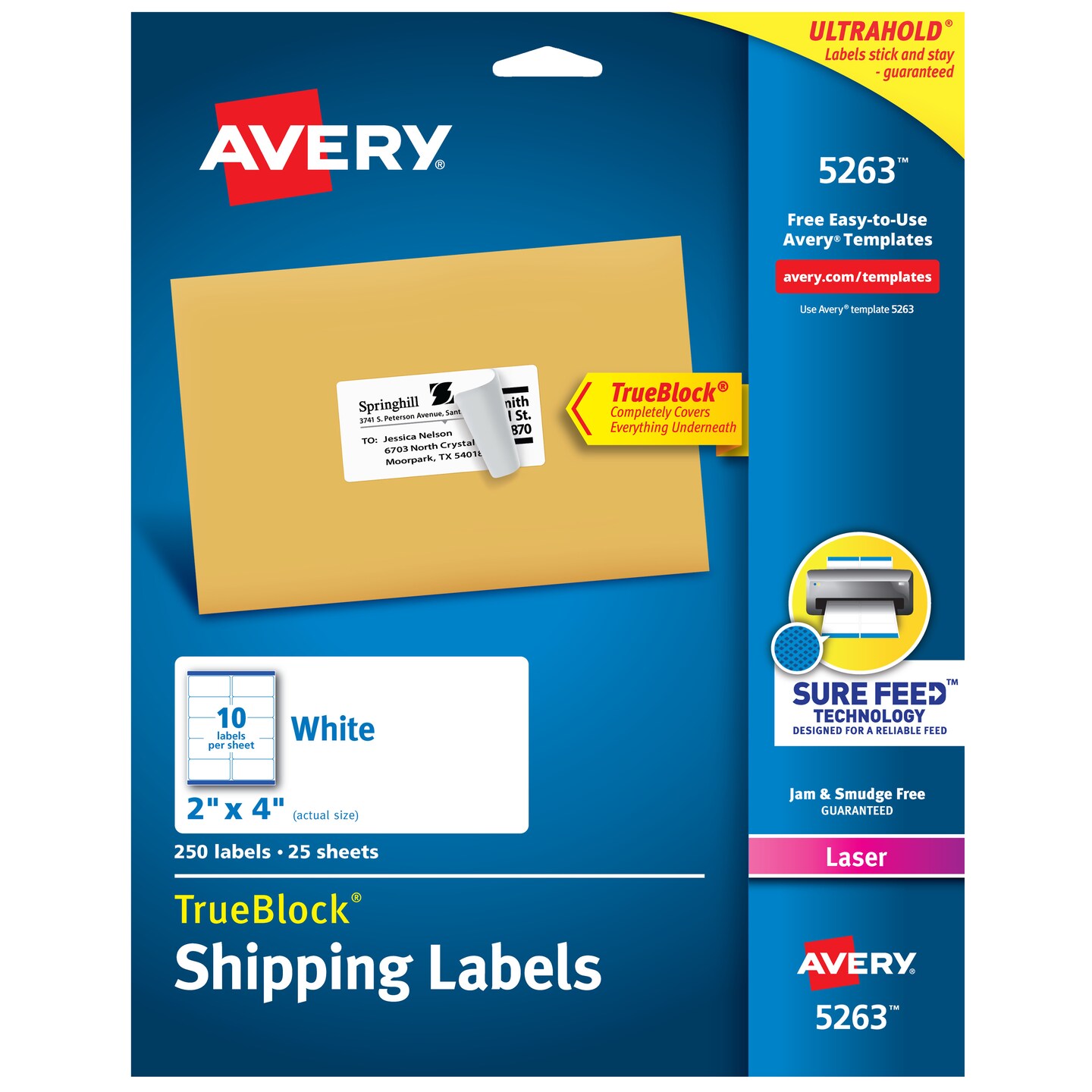 Avery TrueBlock Shipping Labels, Sure Feed Technology, Permanent Adhesive, 2&#x22; x 4&#x22;, 250 Labels (5263)