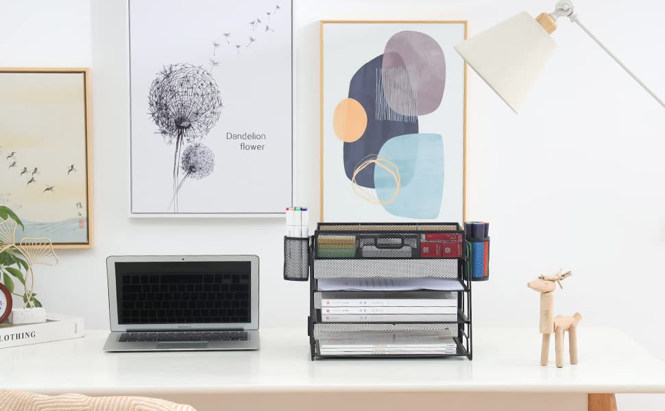 4 Tier Paper Letter Tray Organizer with Drawer and Pen Holder, Mesh Desktop Organizer Storage for Office Supplies (Black)