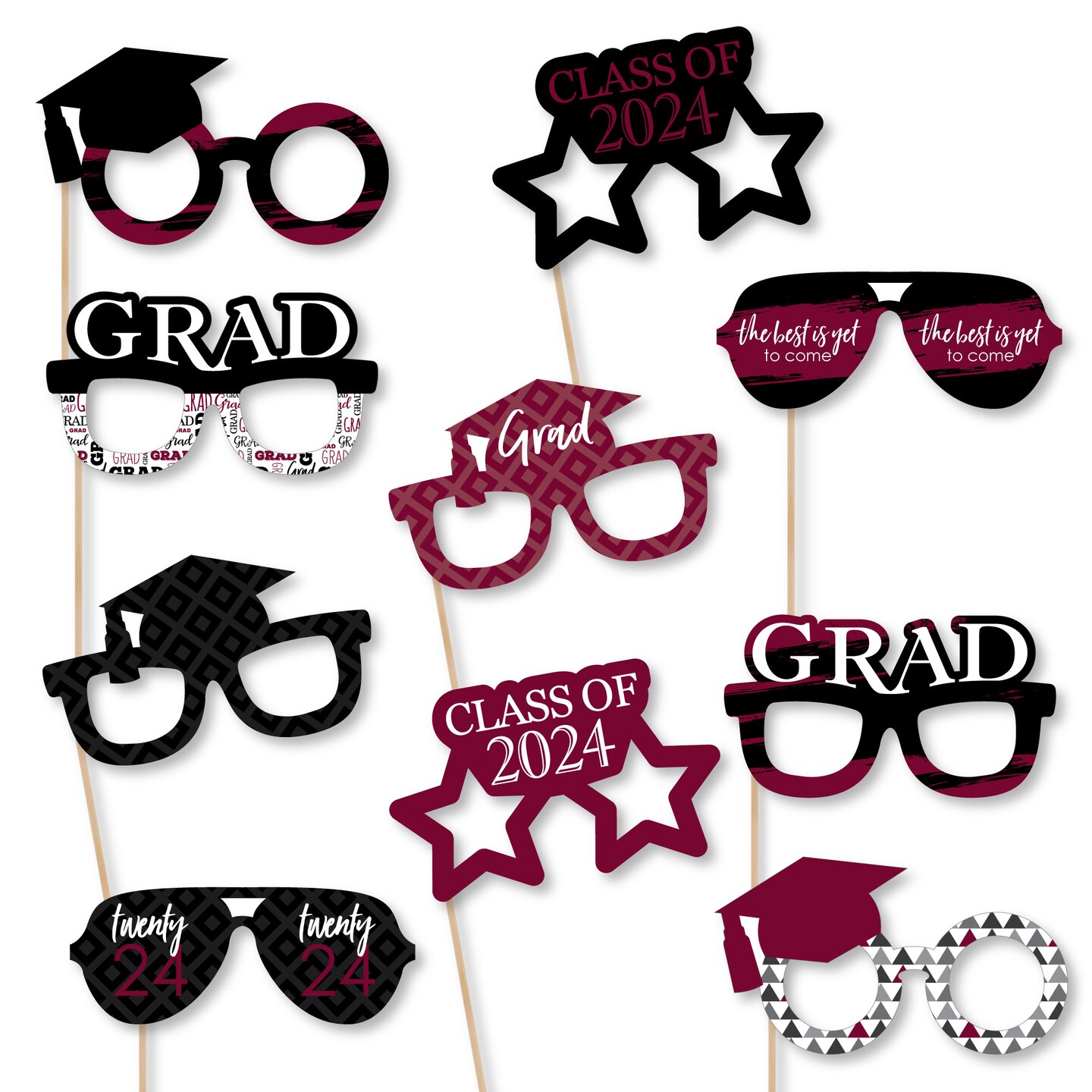 Big Dot of Happiness 2024 Maroon Graduation Glasses - Paper Card Stock Party Photo Booth Props Kit - 10 Count