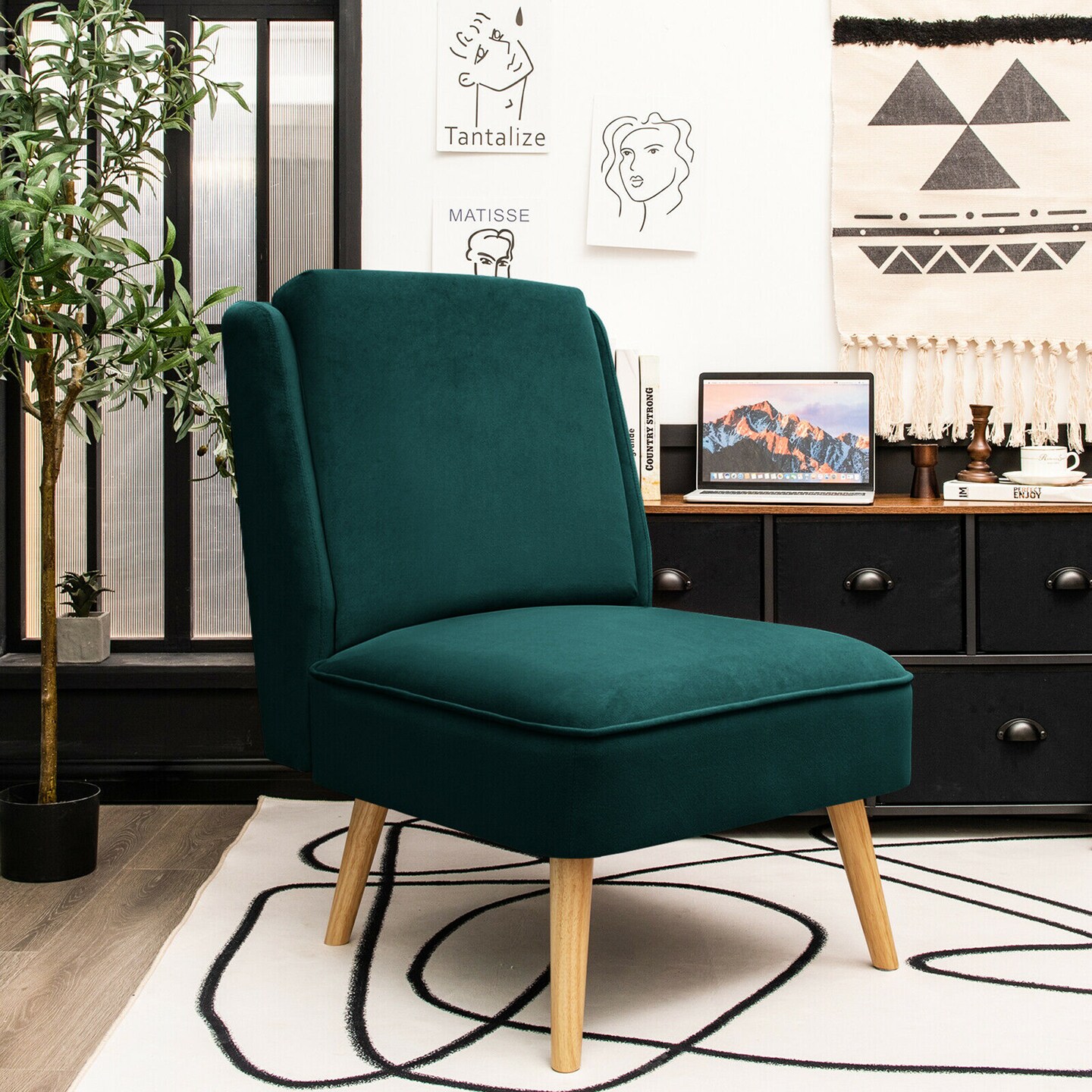 Costway Velvet Accent Chair Single Sofa Chair Leisure Chair with Wood Frame