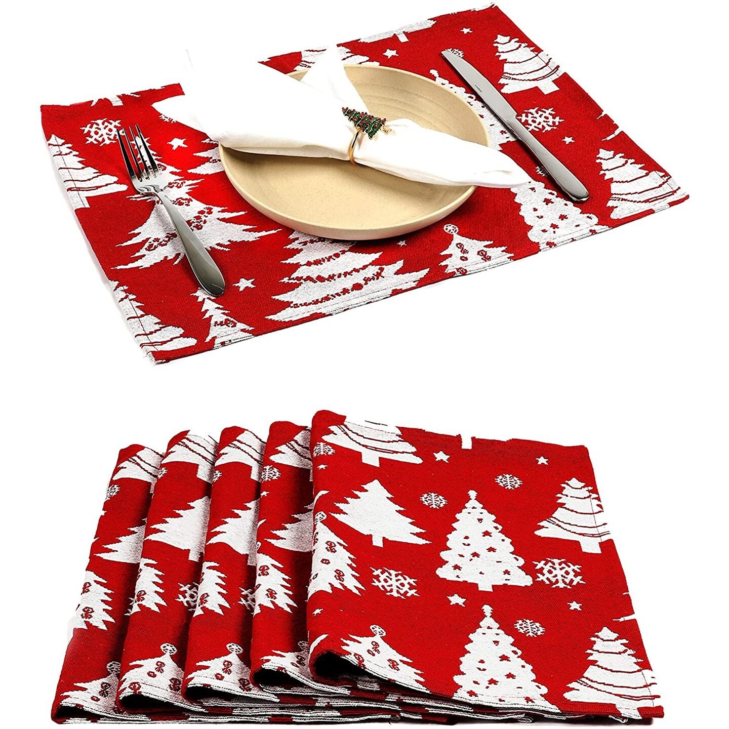 Set of 6 Red Christmas Tree Table Placemats Dining Table Mat for Xmas Holiday Home Decorations, 17.5 x 13 in.