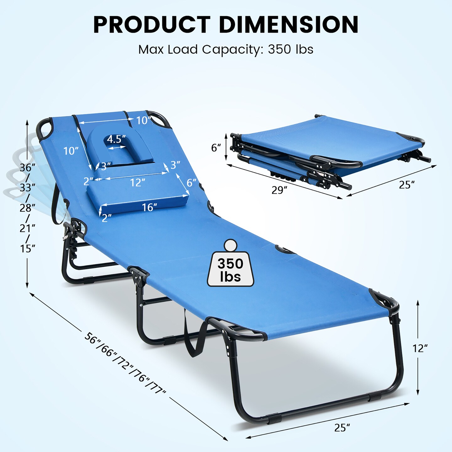 Costway 5-Position Adjustable Backrest  Beach Chaise Lounge Chair with Face Hole Pillows