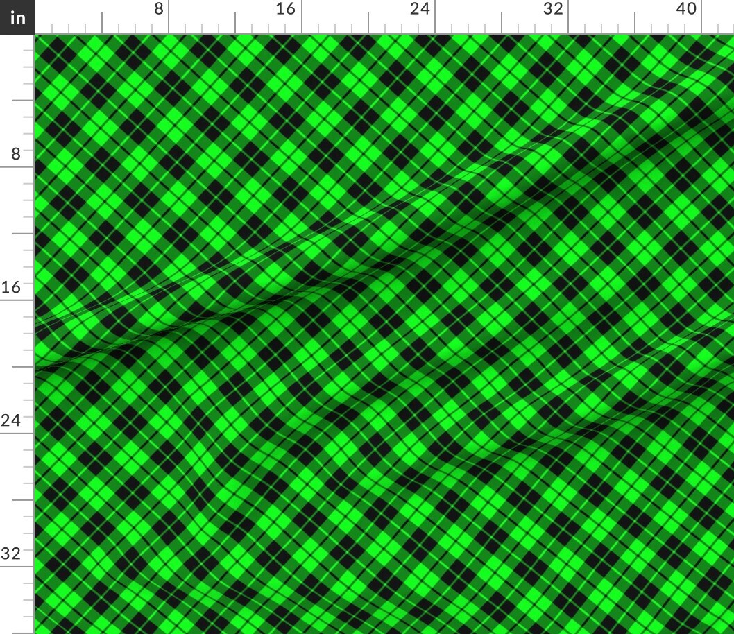 Plaid Bright Green Black Tartan Checkered Diagonal Pattern Custom Printed Fabric by Spoonflower Various Fabrics by the Yard or Fat Quarter