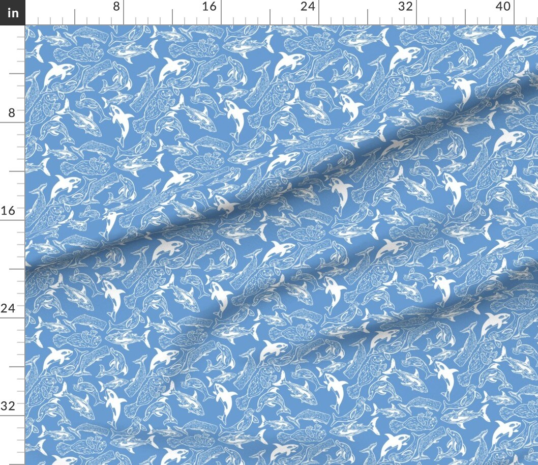 Petal Signature Cotton by the Yard or Fat Quarter Under The Sea Blue Dolphin Shark Whale Block Print Custom Printed Fabric by Spoonflower