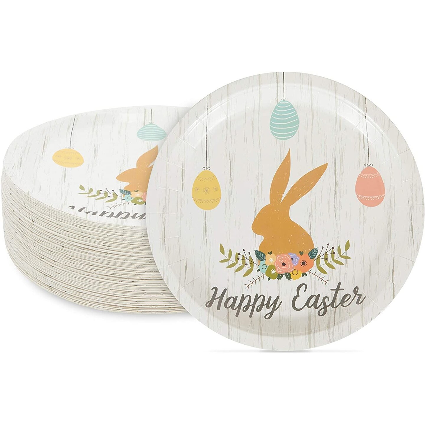 Happy Easter Paper Plates with Bunny and Egg Designs (9 In, 80 Pack)
