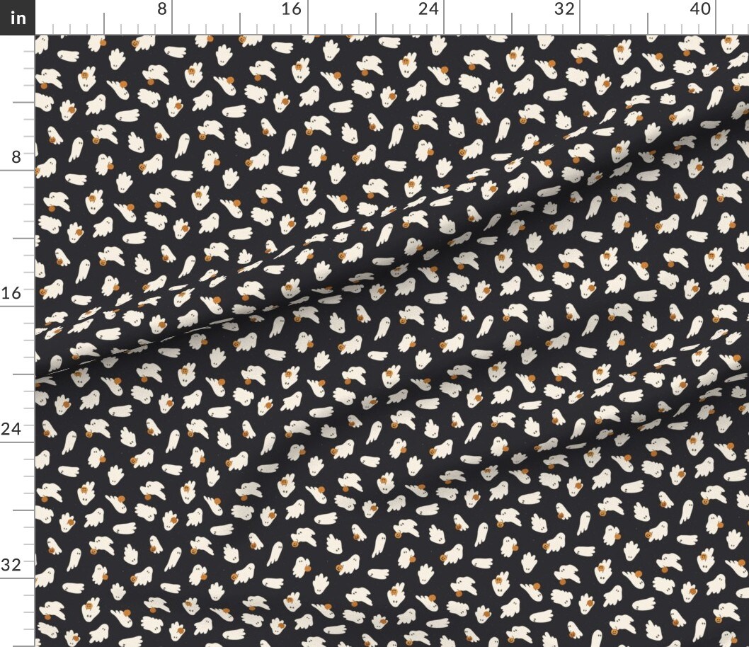Petal Signature Cotton by the Yard or Fat Quarter Little Ghost Trick Or Treat Small Scale Charcoal Black Pumpkins Custom Printed Fabric by Spoonflower