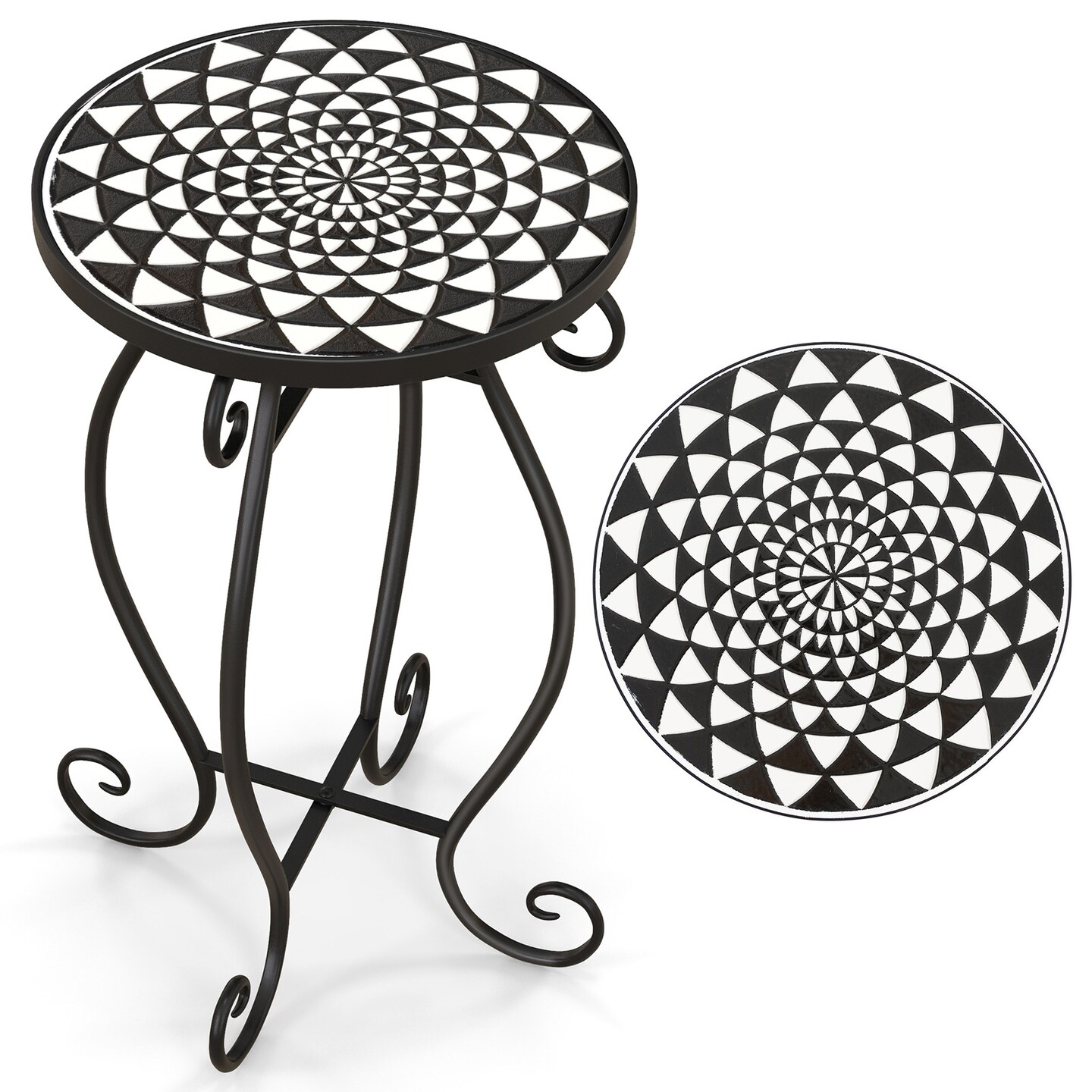 Multi-Purpose Small Plant Stand with Round Ceramic Tile Tabletop and Metal Legs