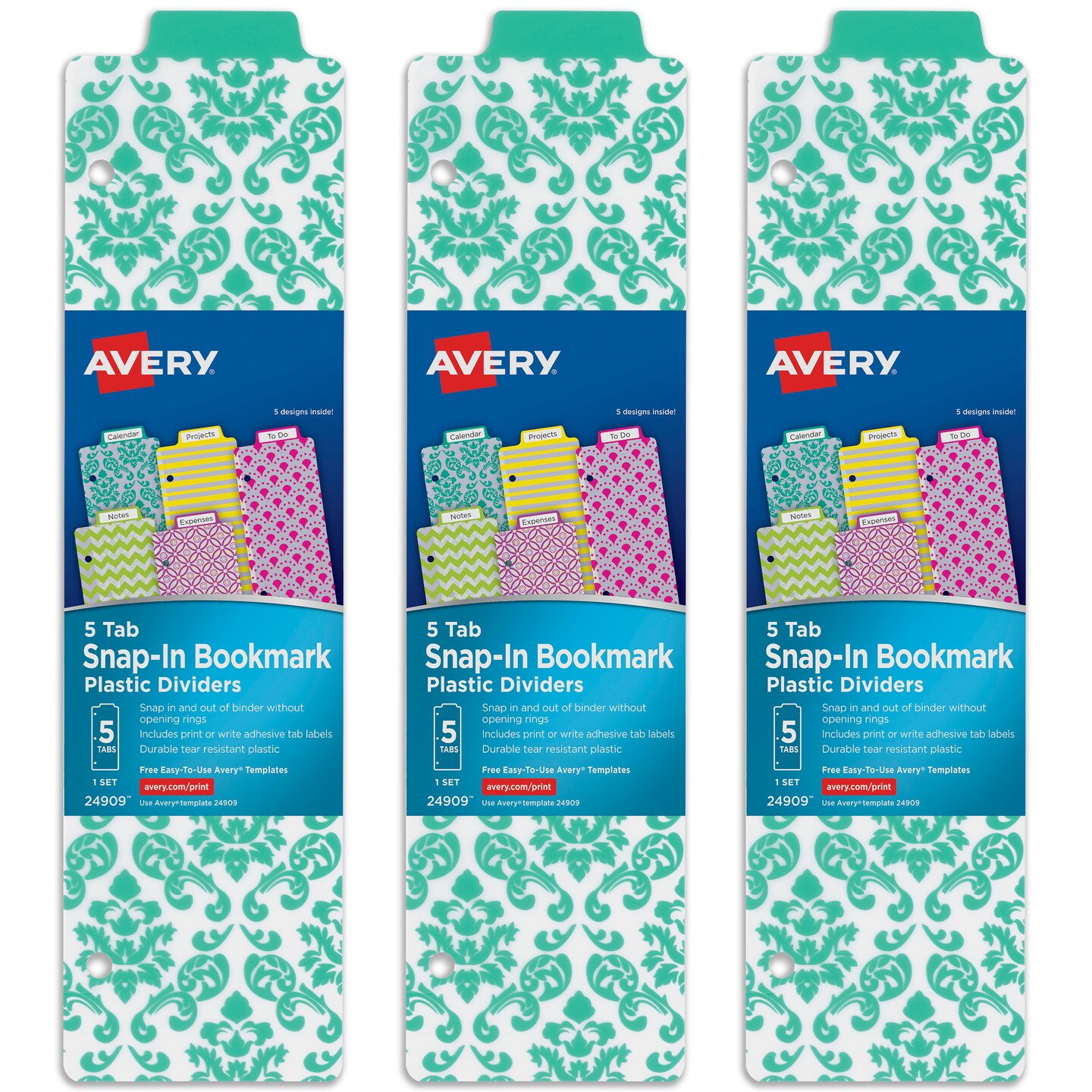 Avery Snap-In Plastic Bookmark Dividers for 3 Ring Binder, White Labels, 1 Assorted Design Set of 5 Tabs, 3 Packs, 15 Page Dividers Total (24909)