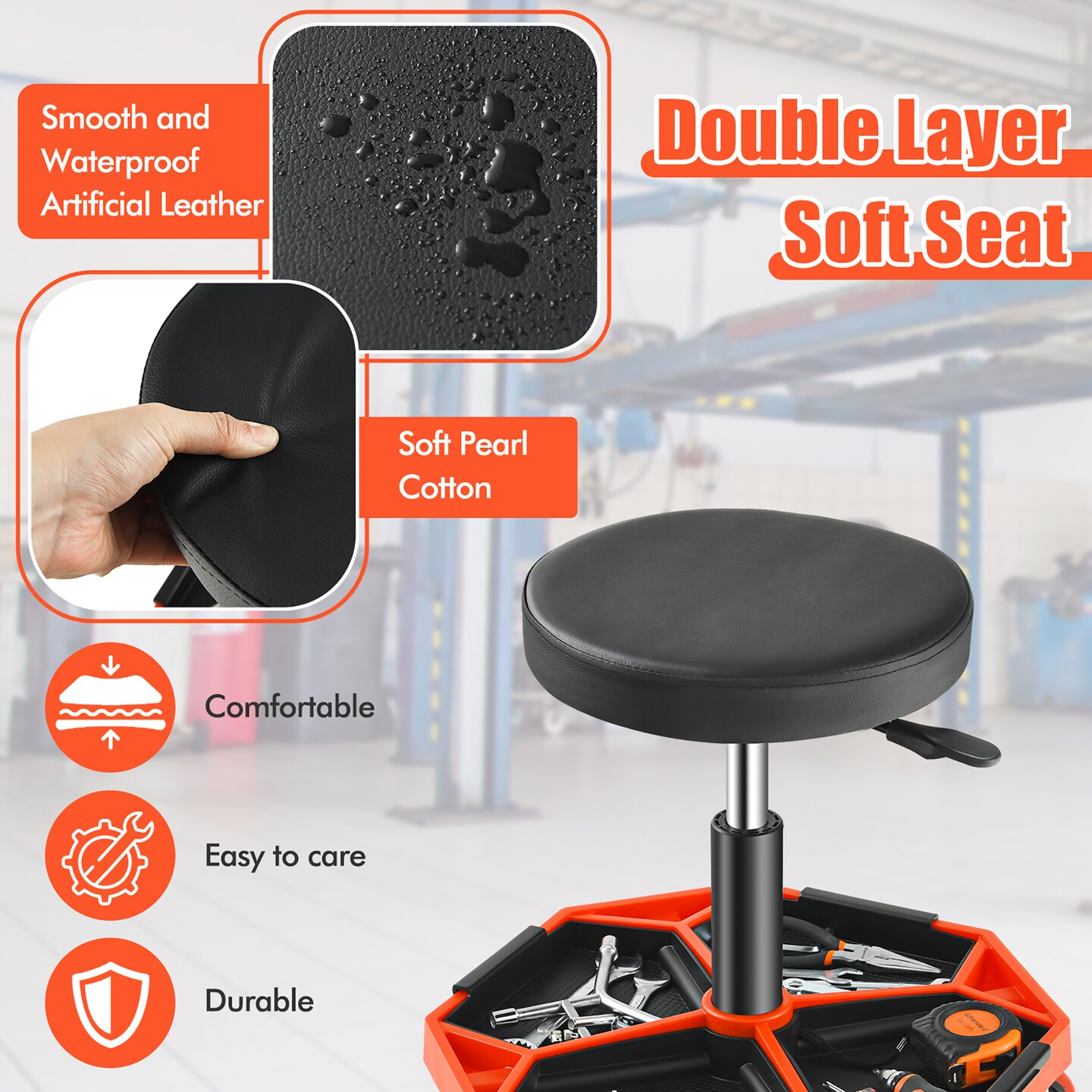 Costway Heavy-Duty Adjustable Height Rolling Stool with Tool Tray Storage 330 LBS Capacity Red