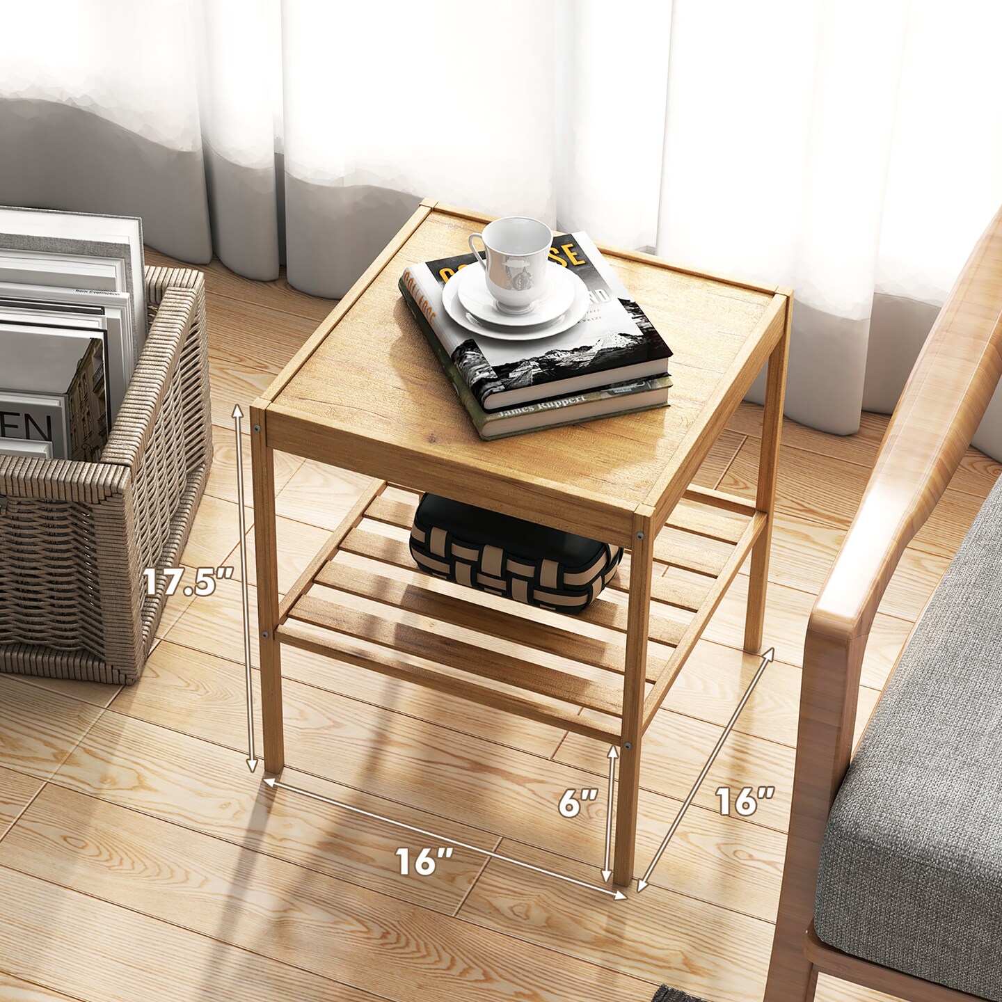 2 PCS 2-Tier Bedside End Table Bamboo Nightstand for Living Room Bedroom