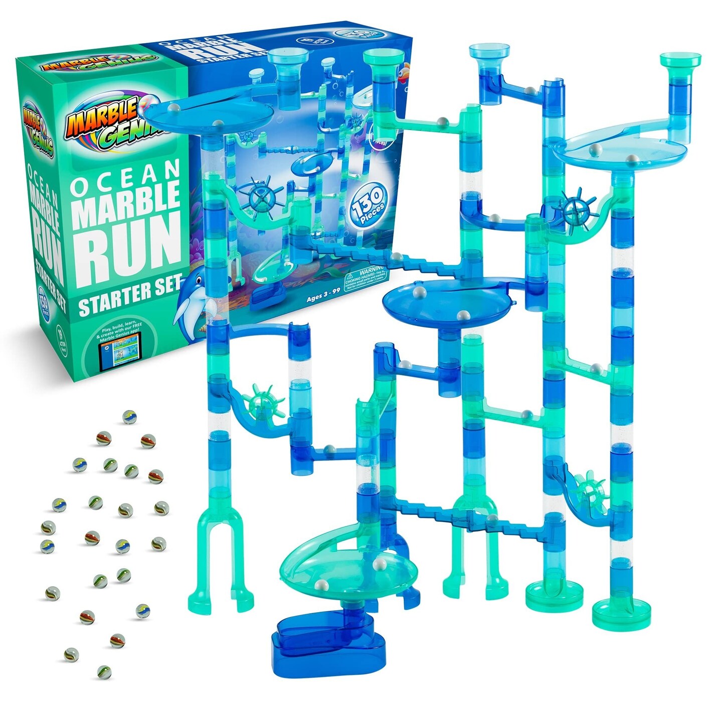 Marble Genius Marble Run Starter Set STEM Toy for Kids Ages 4 - 12 - 130 Complete Pieces (80 Translucent Marbulous Pieces and 50 Glass Marbles), Construction Building Block Toys, Theme (Ocean),