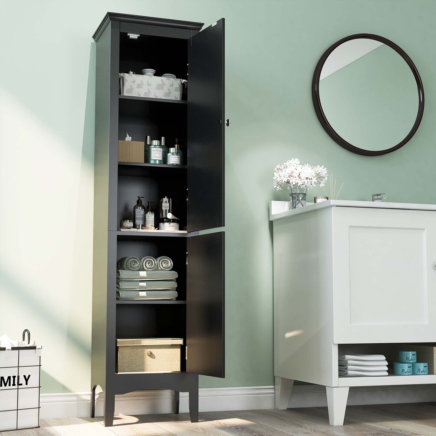Costway Tall Bathroom Floor Cabinet Narrow Linen Tower with 2 Doors & Adjustable Shelf Black/Coffee/Grey