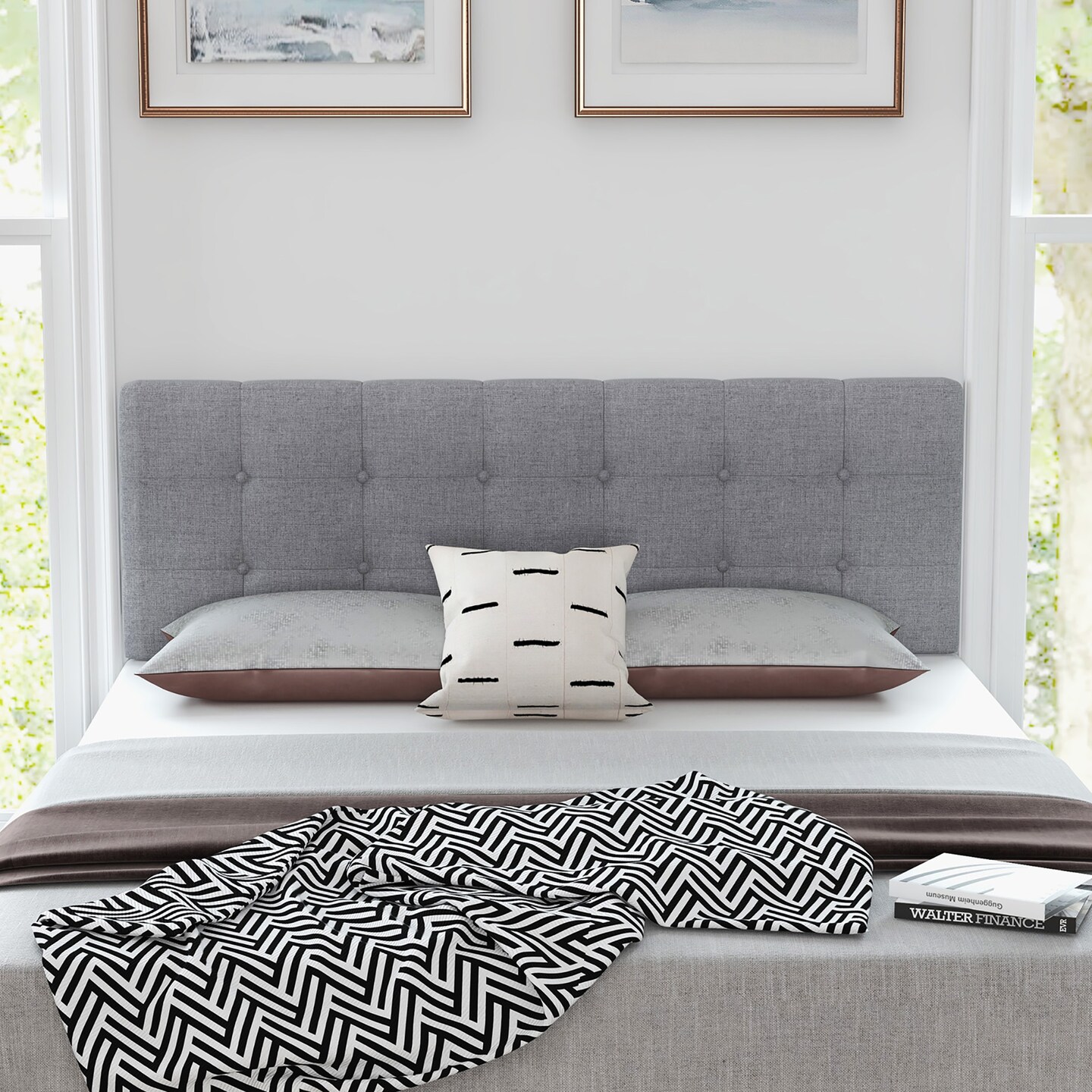 Costway Full/Queen Size Headboard Linen Fabric Upholstered Button Tufted Solid Wood Leg