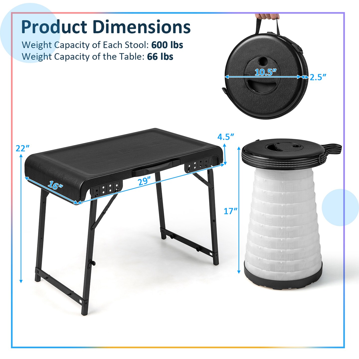 Costway 3-Piece Folding Table Stool Set with a Camping Table &#x26; 2 Retractable LED Stools