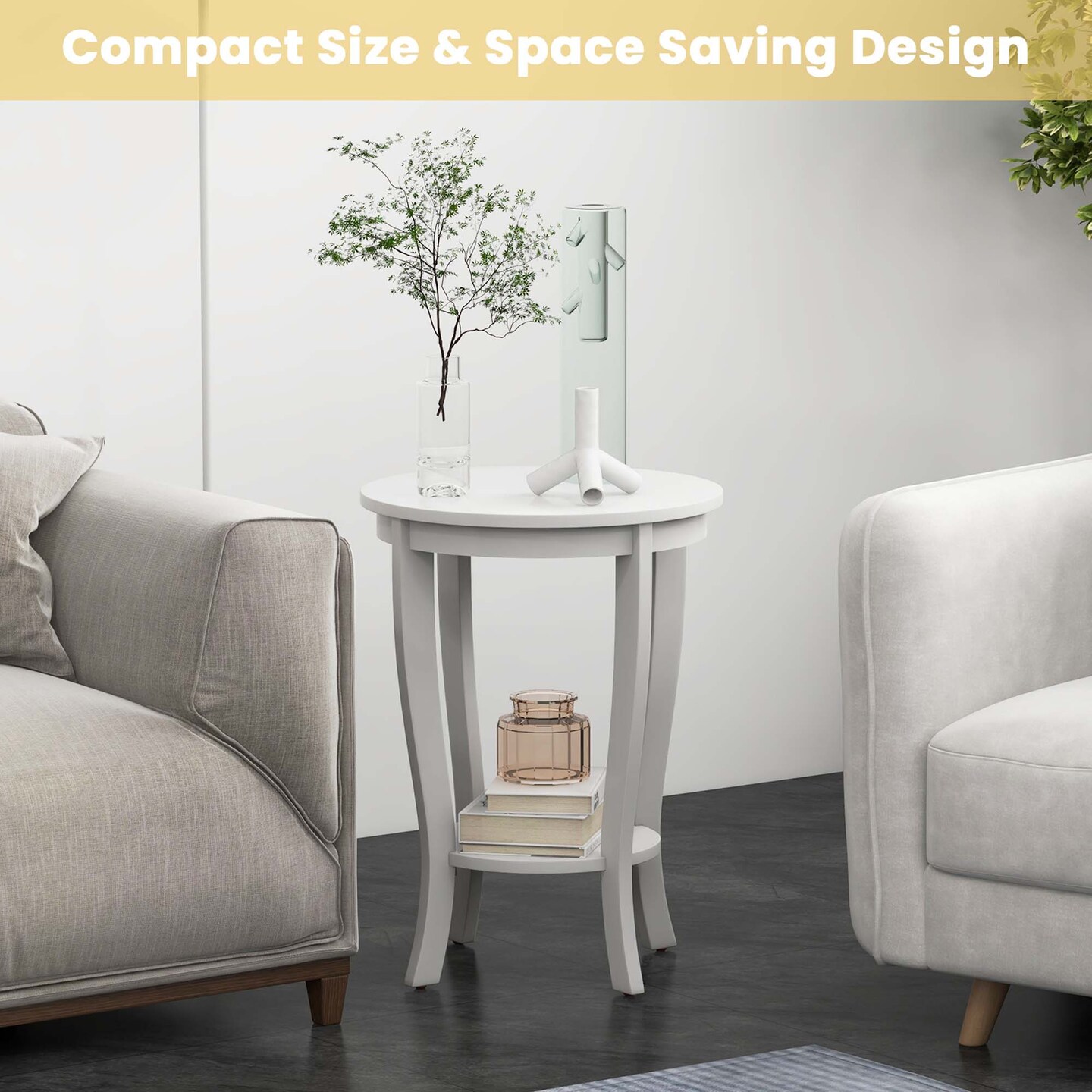 Costway 2 PCS 2-Tier End Table 18&#x27;&#x27; Round Compact Sofa Side Nightstand with Storage Shelf Espresso/White