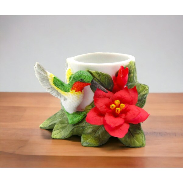 Ceramic Hummingbird Candle Holder 4&#x22; Poinsettia Flower