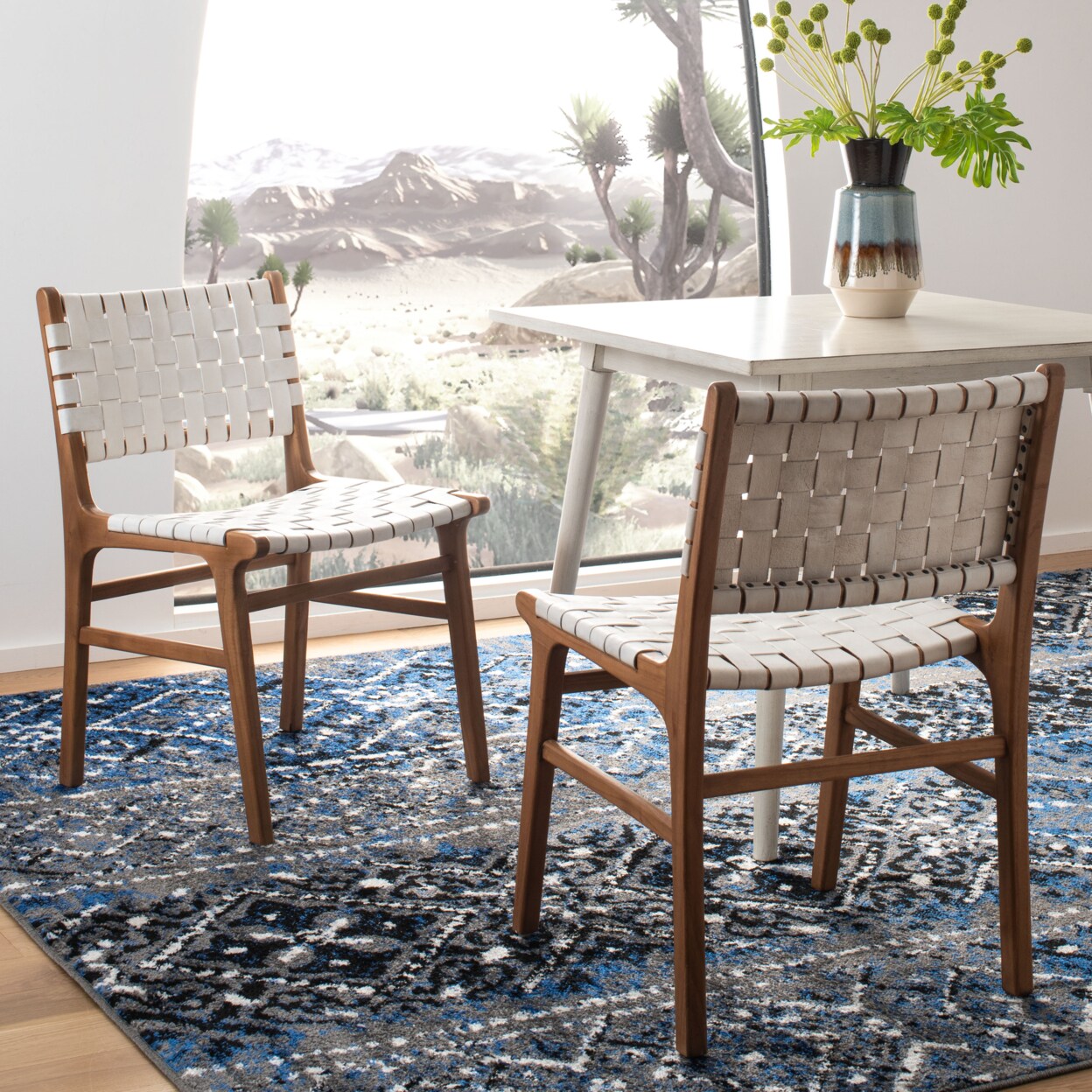 Safavieh Taika Woven Leather Dining Chair Set of 2 White / Natural