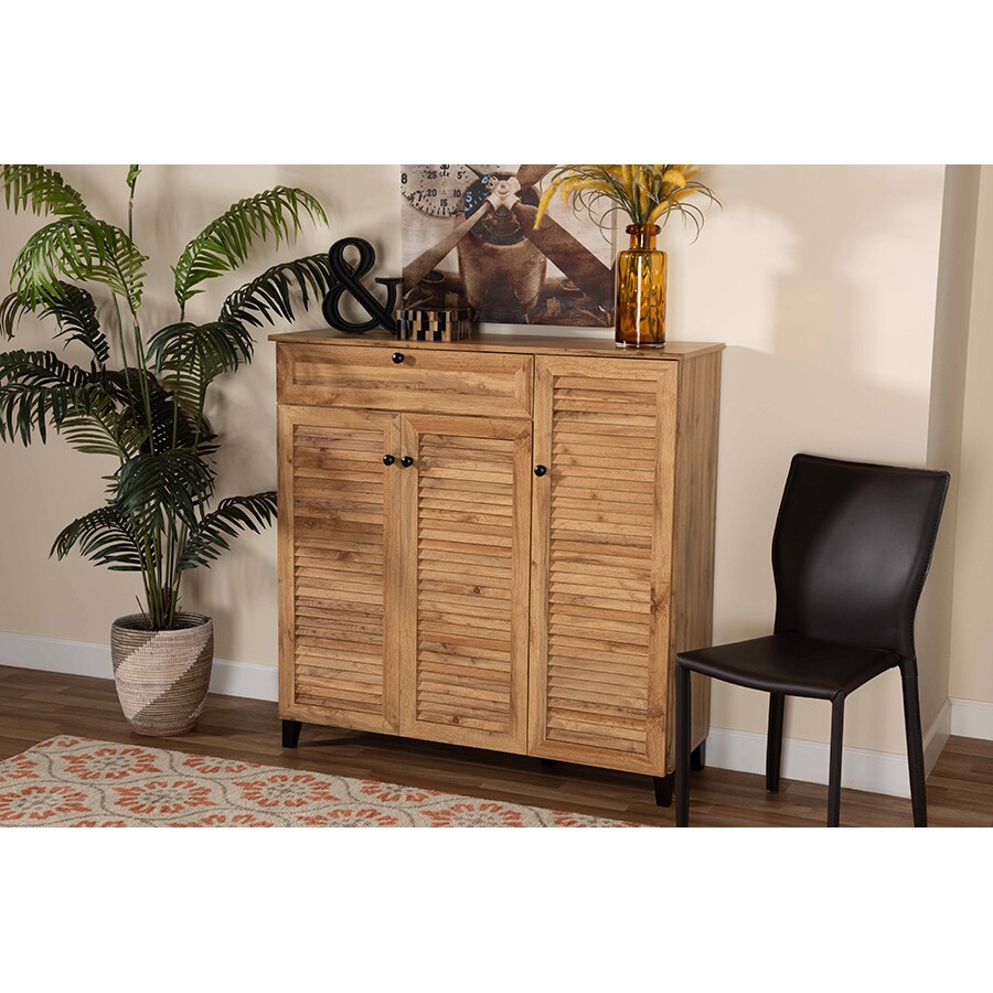 Wholesale Interiors Baxton Studio Coolidge Modern and Contemporary Oak Brown Finished Wood 3 Door Shoe Storage Cabinet with Drawer