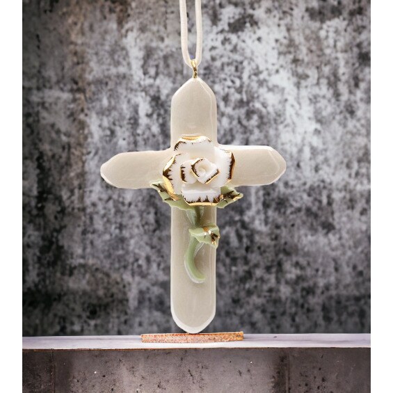 Ceramic Mini White Rose Cross with Golden Accents Wall