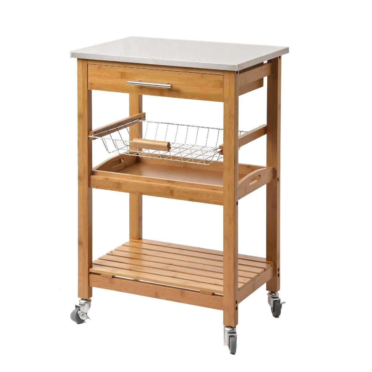 Saltoro Sherpi 34 Inch Bamboo Kitchen Cart Island, Metal Basket, Stainless Steel Top, Brown-