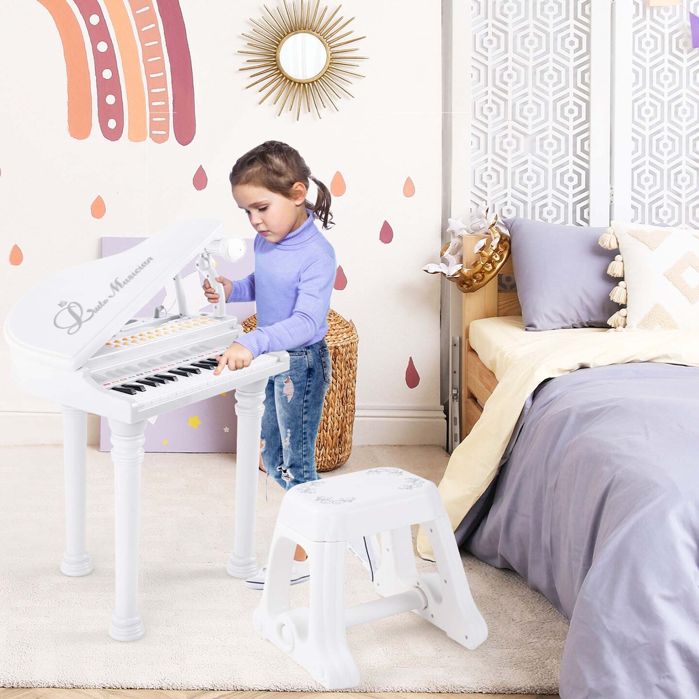 Costway 31 Keys Kids Piano Keyboard Toy Toddler Musical Instrument with Stool & Microphone Black/Pink/White