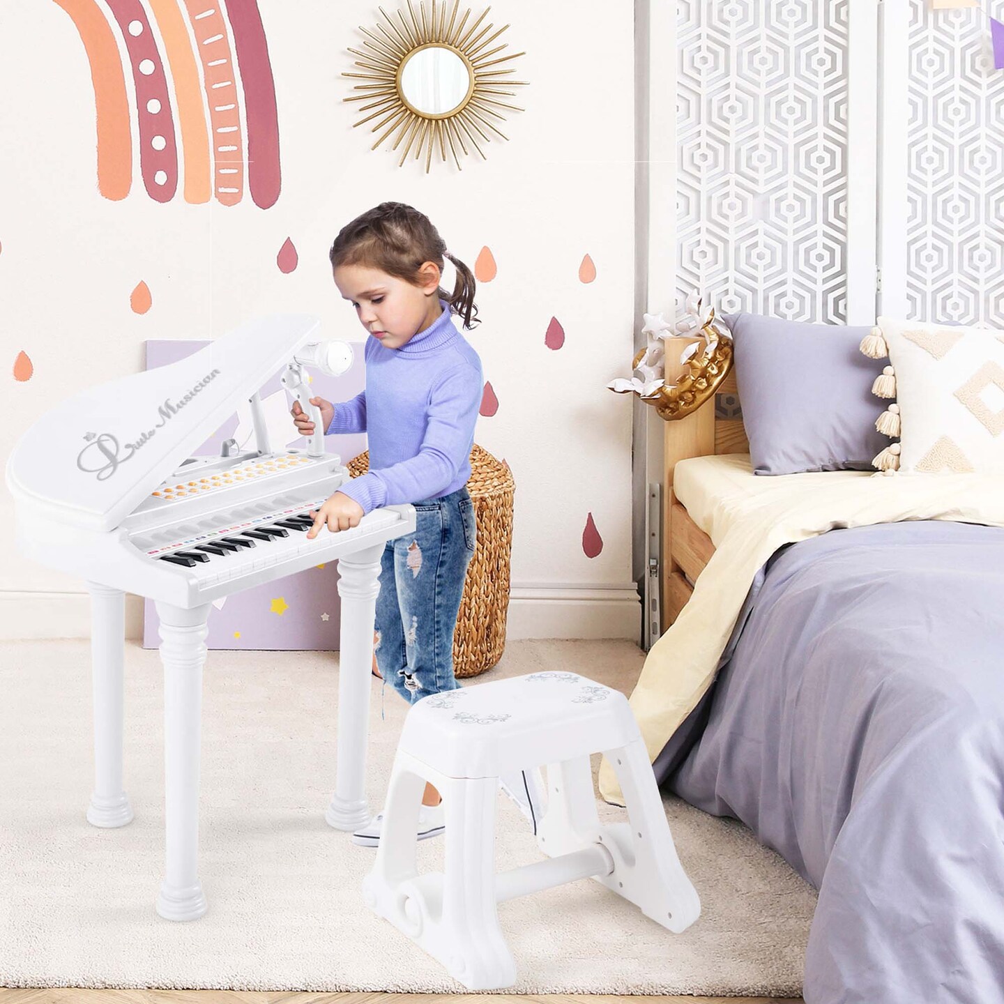 Costway 31 Keys Kids Piano Keyboard Toy Toddler Musical Instrument with Stool &#x26; Microphone Black/Pink/White