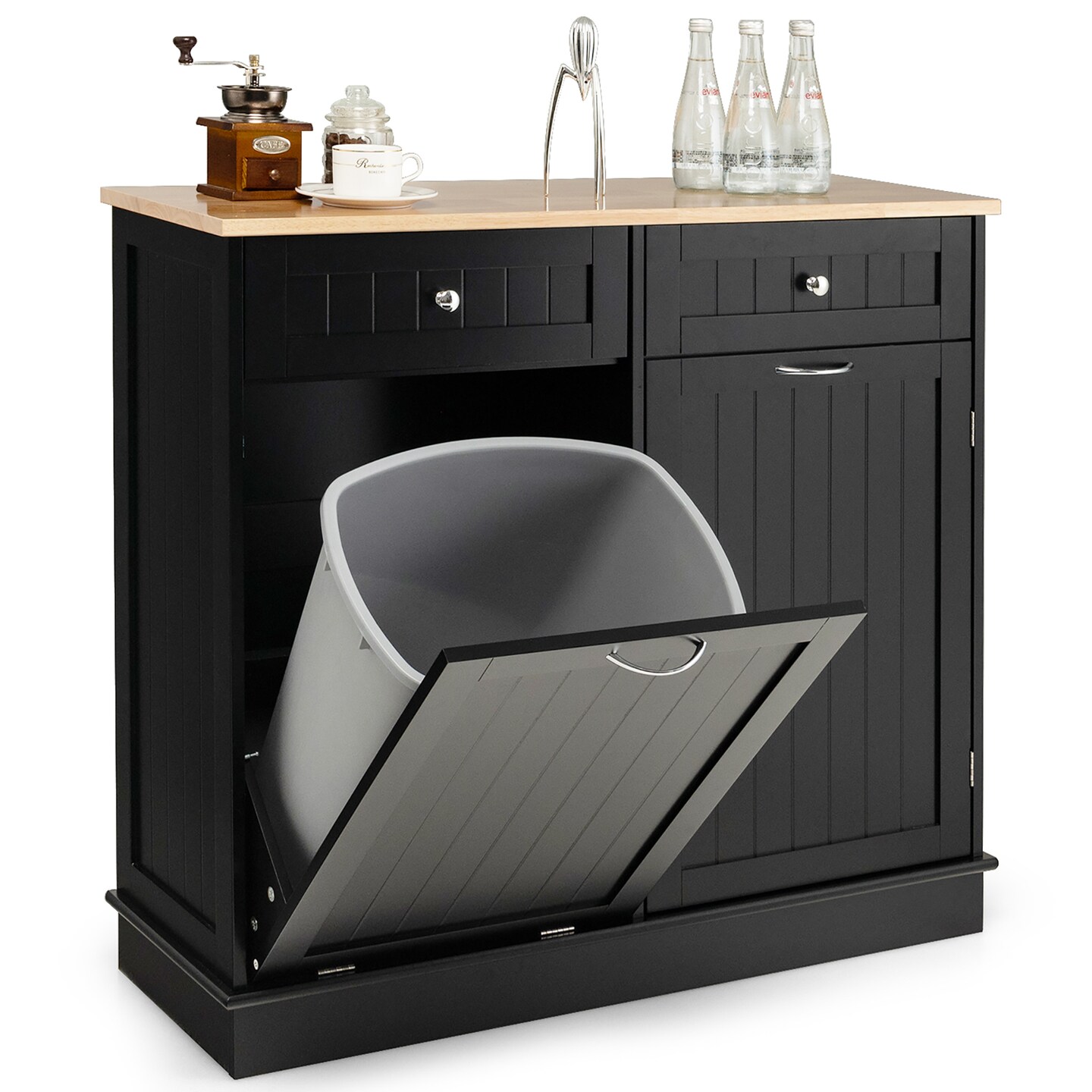 Costway Wooden Kitchen Trash Cabinet Tilt Out Bin Holder w/ Drawer & Storage Shelf