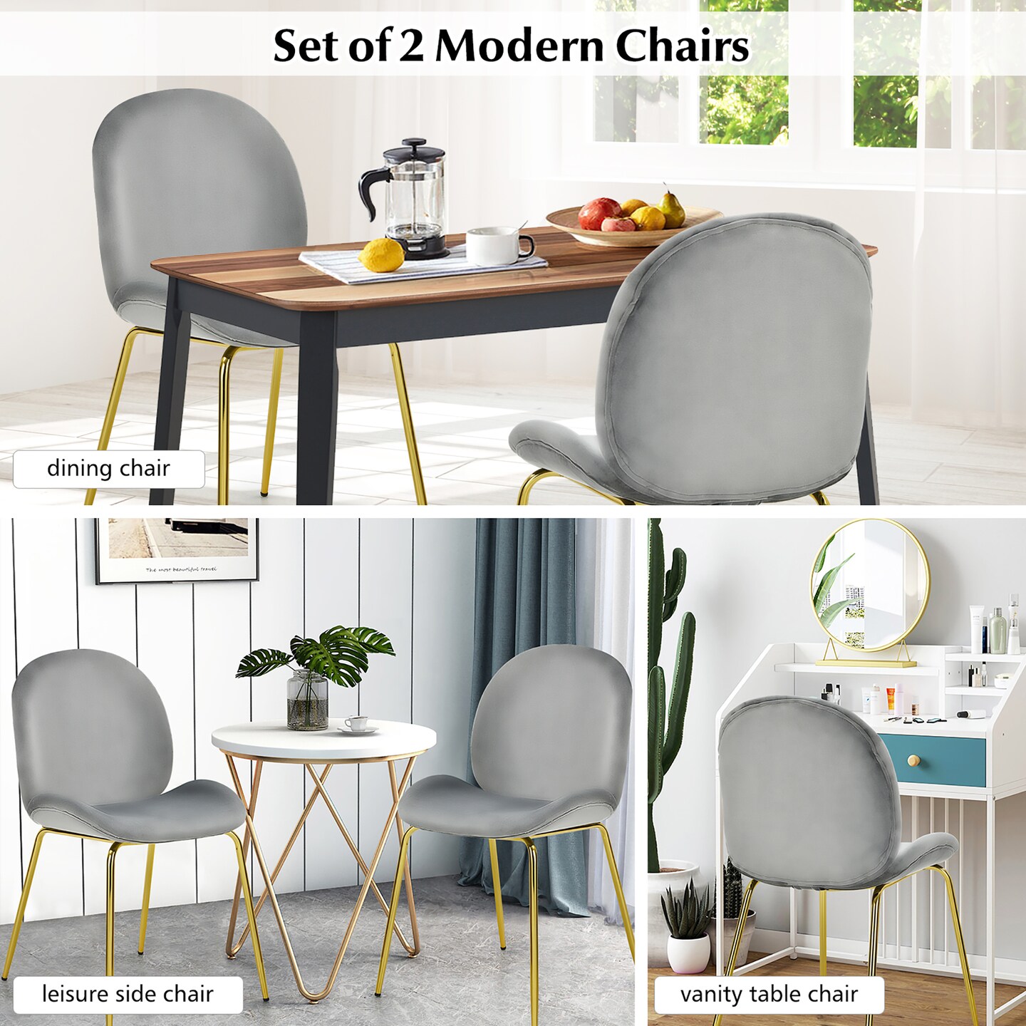 Costway Set of 2 Velvet Accent Chairs Dining Side Chairs w/Gold Metal Legs Pink/Beige/Green/Grey